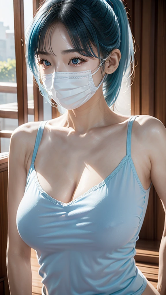 AIBeauty、Real Beauty、Big Breasts、Park Prompt、heart pattern camisole、ponytail、Light blue hair、Erotic、naked、Face masks、No bra、No underwear