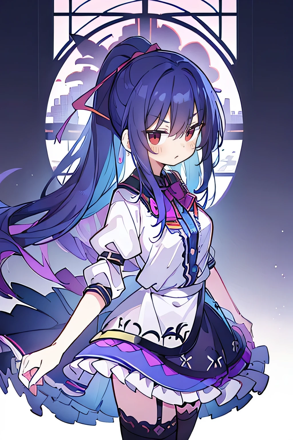 (best quality:1.3), (masterpiece:1.3), (illustration:1.3), (ultra-detailed:1.3), (imid shot:0.9), 1girl, medium breasts, purple eyes, (((dark blue hair))), hair ornaments, young, outfit-gladiia, long hair, dark blue hair, indoors, black shorts, thigh-highs, low ponytail, expressionless, upper body, close up, coat, skirt,
