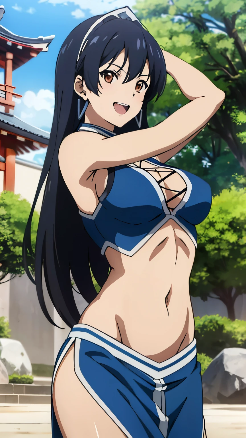 1girl, solo,  Kitana, black hair, long hair, brown eyes, hairband,  earrings, anime coloring, anime style, anime key visual, masterpiece, best quality, highly detailed, a anime girls in kimono dress with a sword posing for a picture, bare shoulder,open kimono, evil smile, open mouth, crop top , (nsfw) not safe for work,  smile,  ecchi anime style, anime girls, ecchi style, ecchi, digital anime art!!, in anime style, official artwork, visual novel cg, beautiful anime girl, anime style 4 k, kimono pencil skirt, exposed belly, exposed navel, exposed midriff, exposed lower belly, outdoor, japanese architecture, temple