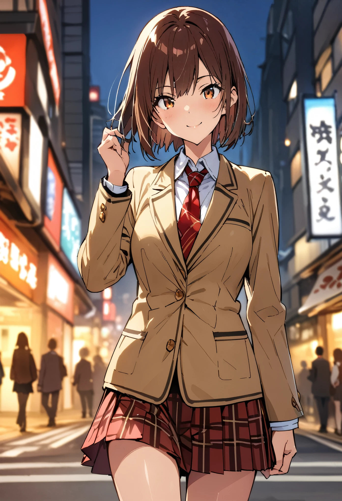 takeda hiromitsu style, (((masterpiece, highest quality,absurdres))),cowboy shot,20 year old beauty,solo,((very small head)),short bob hair,bangs,dark brown hair,brown eyes,smile,medium breasts,((very long body)),((slender body)),skinny,gleaming skin,shiny skin, ,(School uniform、brown blazer jacket、Red checkered pleated mini skirt),on street,Tokyo、