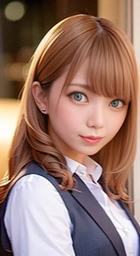 (Tabletop, highest quality:1.2), 8k, 85mm, Official Art, RAW Photos, Absurd, Violet, Rosacea, Gardenias, beautiful girl, Pretty face, close, Upper Body, Cinch waist, Black Tailored Suit, Suit jacket, V-neck shirt, View Viewer, (Cleavage:0.8), Big Breasts, Film Grain, chromatic aberration, Sharp focus, Face Light, Bright lighting, Detailed face, (Bokeh Background:1.2)
