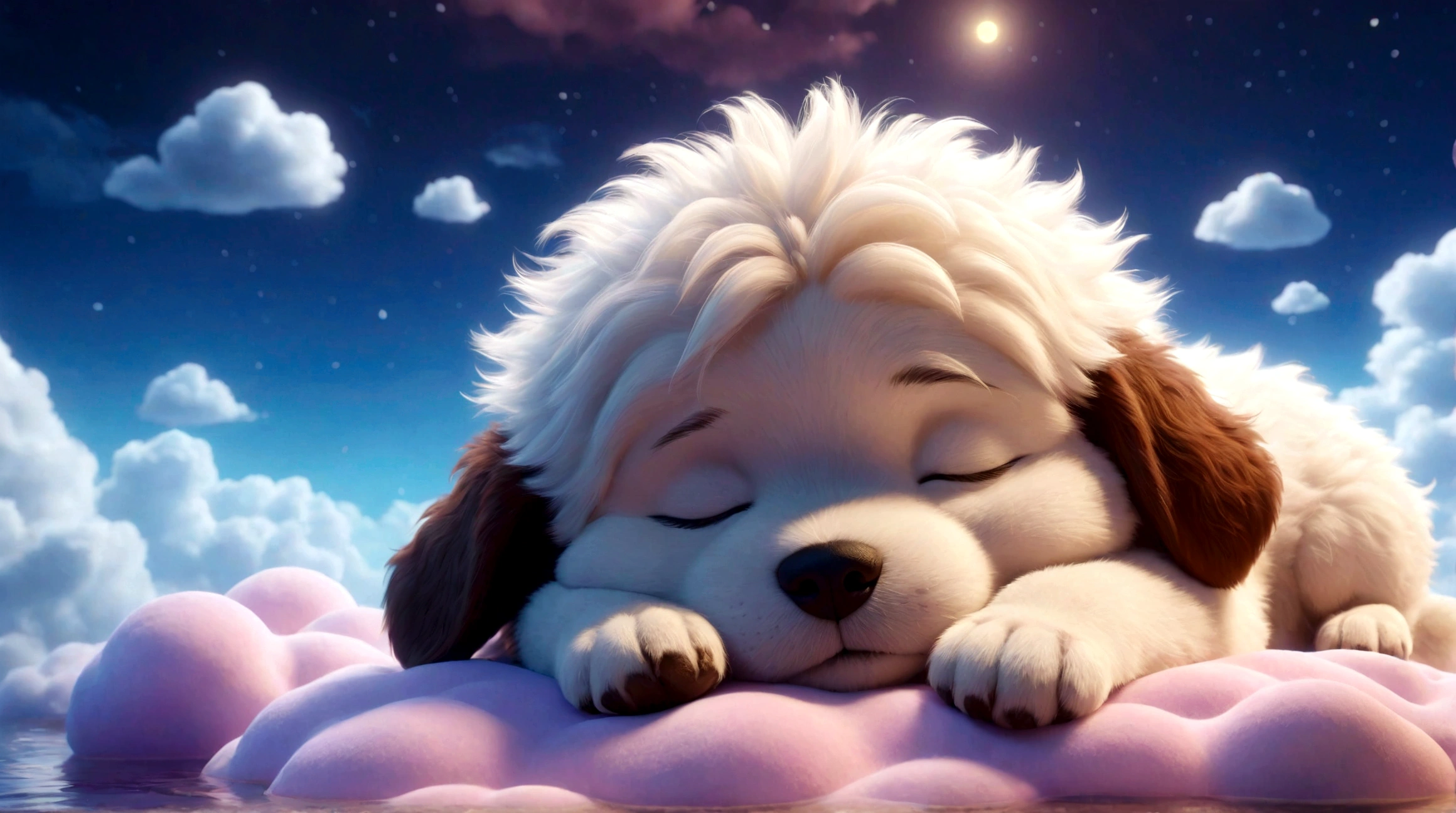 Pixar character, cute, sleeping, eyes closed, puppy, soft and fluffy fur sleeping, sleeping, on top of illuminated magical clouds floating in a small lake, background with magical glow, unreal engine rendering, 8k
