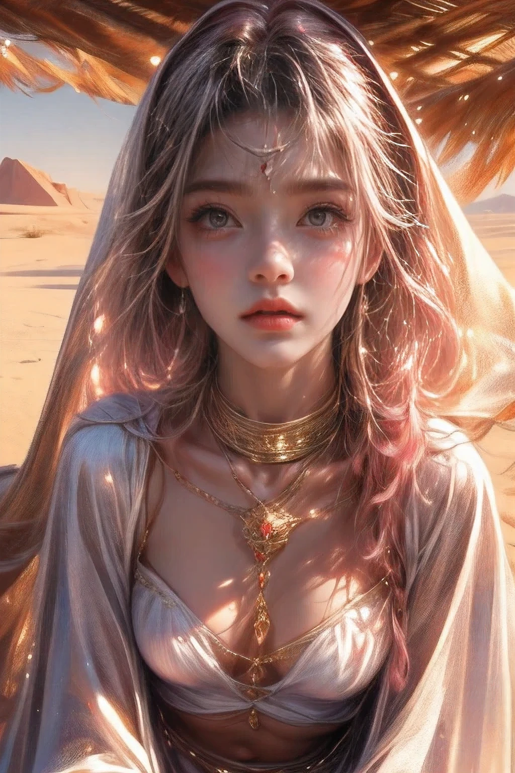 Fantasic Illustration, Masterpiece: 1.2, Highest Quality, Highres, 16k, Beautiful Detailed, Ultra-Realistic, Photo Realistic: 1.37, Beautiful cute girl in a caravan in the moonlit sandy desert, growing eyes, shining pupils, blushed cheek, shiny rosy lips, wearing white hooded robe, delicate beautiful (hair, face, eyes, pupils, long eyelash, desert), middle-breasts, Arabian Nights world view,