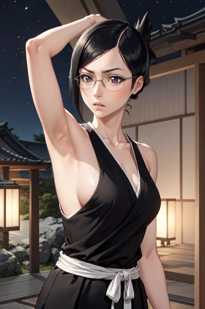 masterpiece, best quality, ise nanao, folded ponytail, glasses, black robes, sash, tanktop, upper body, japanese architecture, night sky, furrowed brow, armpits visible