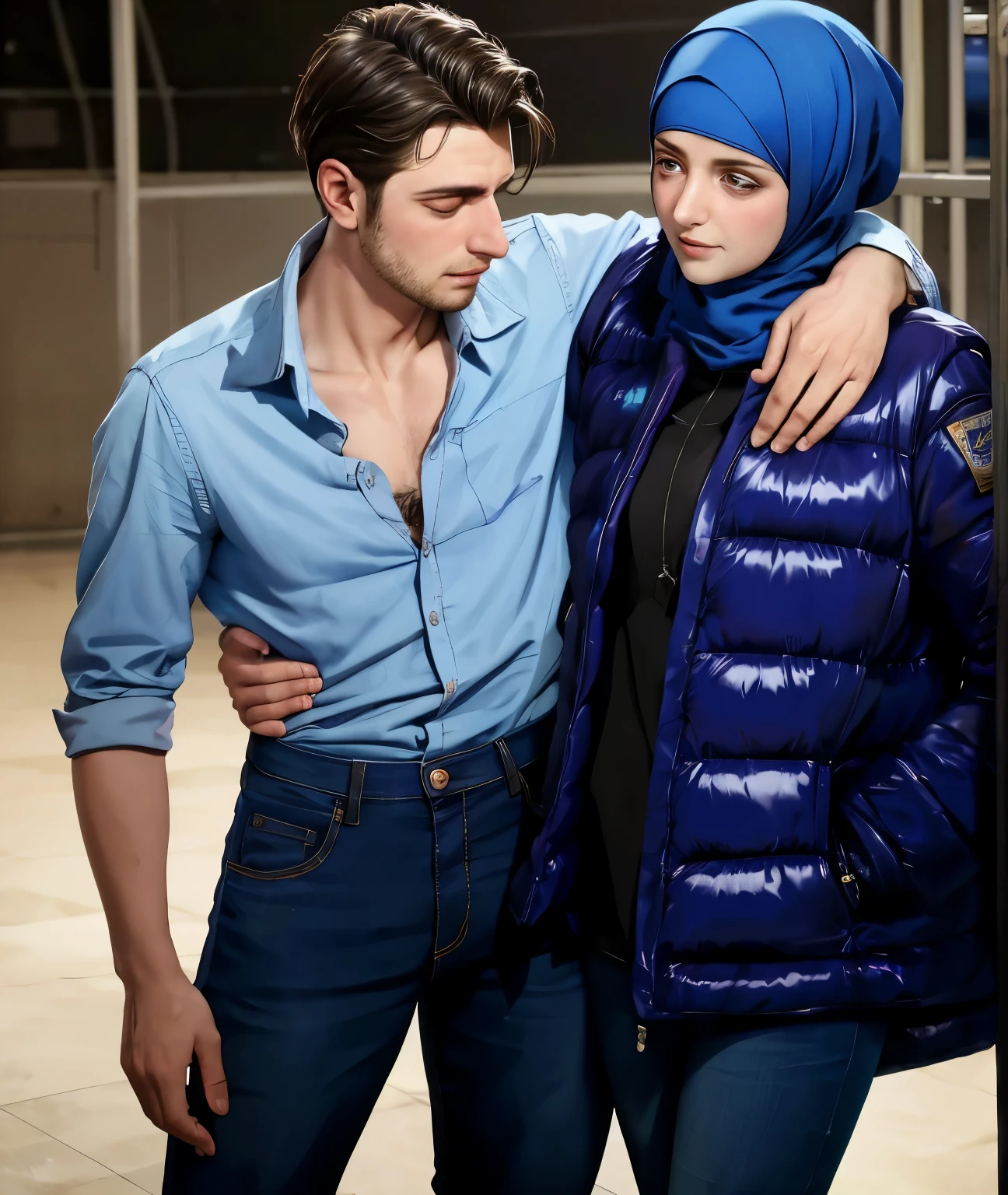 A young German man in a blue cotton shirt and jeans and a Syrian woman in a shiny plastic quilted coat and blue satin headscarf stand arm in arm in front of a refugee shelter, A German man in a cotton shirt and jeans is injured and is supported by a Syrian woman, A Syrian woman wearing a shiny plastic down coat supports an injured short-haired man, who can't walk alone, A Syrian woman wearing a headscarf holds an injured short-haired man in her arms, compassion, accident, injury, first aid, theater, ultra-realistic, photo