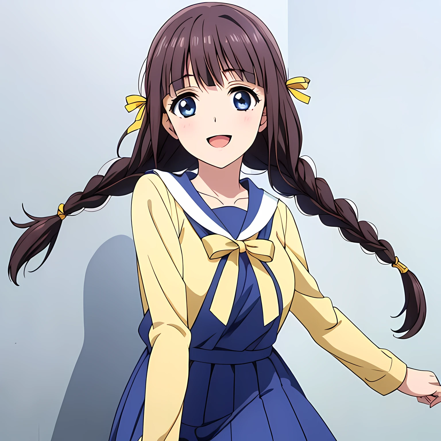 (highest quality, masterpiece:1.2), highest quality, High resolution, 1080p, 8K, Height: 158cm, Anime-style CG, ((A beautiful girl, the game heroine, is smiling and looking proudly.)), A face that everyone loves, Glossy lips, Even bangs, Double, Long eyelashes on both the top and bottom, Smiling blue eyes, The very large and thick yellow ribbon bowtie is very cute., ((Black Hair)), ((long twin braids)), ((A long, neat, dark navy pleated skirt)), (((A long-sleeved winter sailor suit that is cream-colored overall and has a navy blue collar.))), cream sleeves, Cream colored blouse, Smiling, slightly open mouth like a game heroine, Ribbon in hair, Tight waist, (((The background is a blank white wall))), ((The wind blowing upwards is only shaking my bangs)), The ribbon is big and very pretty.