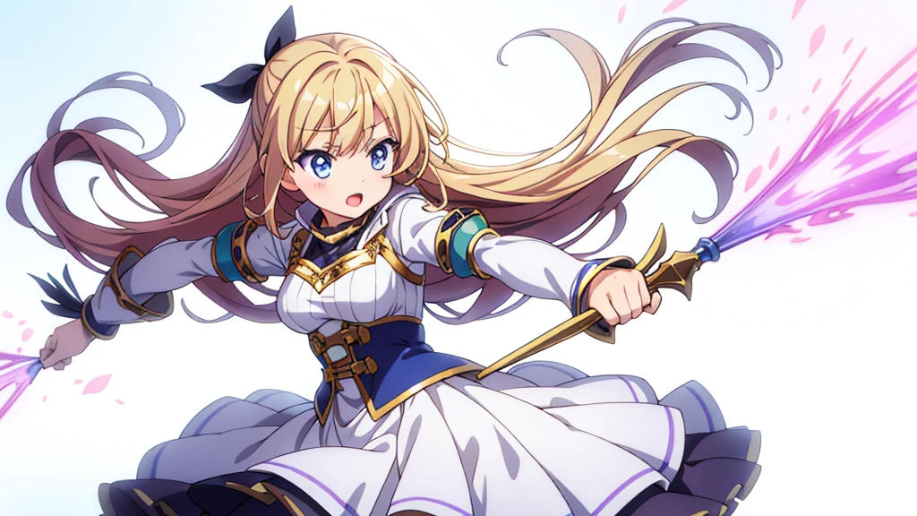 Anime girl , high fantasy outfit, blurry background, white background, dynamic pose, combat pose,