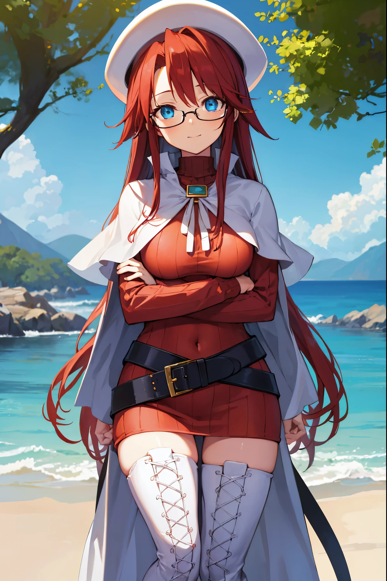 summonnightaty, aty, (young:1.3),long hair, blue eyes, red hair, big_tits, hat, glasses,
BREAK long hair, thighhighs, hat, dress, naked_legs, glasses, belt, cape, sweater, zettai ryouiki, beret, thigh boots, white footwear, ribbed sweater, loose belt,solo,
BREAK outdoors, fantasy,on_beach,
,Highquality_hads,perfect_fingers,
BREAK (masterpiece:1.2), best quality, high resolution, unity 8k wallpaper, (illustration:0.8), (beautiful detailed eyes:1.6), extremely detailed face, perfect lighting, extremely detailed CG, (perfect hands, perfect anatomy),covered_nipples,covered_navel ,half_eyes,long_sword,sleepy,standing,red_sweater,apart_knees,magical_effect,spread_legs, have_a_book,teacher,rise_knee,Smile,rise_hand,look_down_viewer,spread_arms,sea_waves,looking_into,blue_sky,sitting,plump,