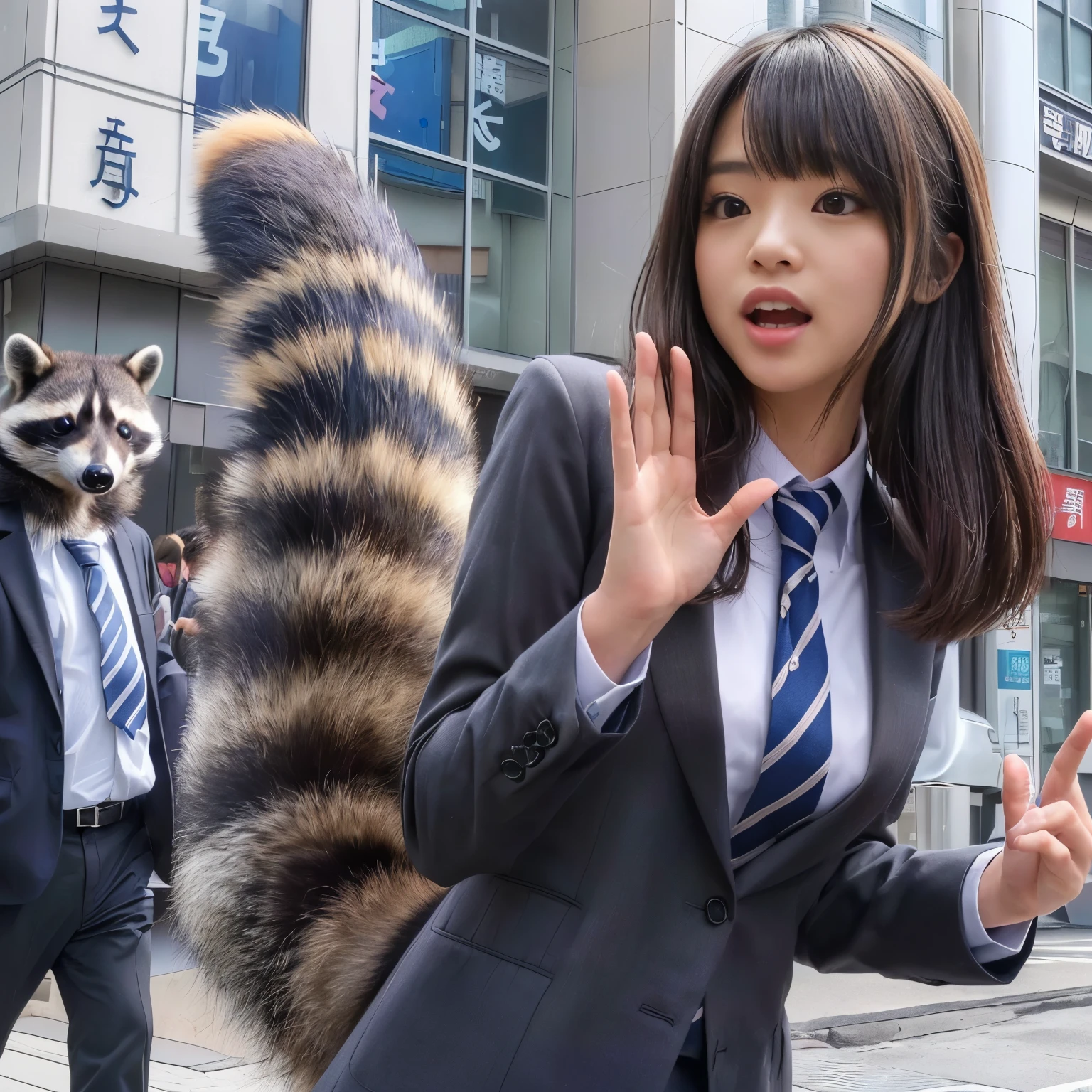 スーツを着たふさふさしたraccoon dogの尻尾が生えた女性とスーツを着たモンスターアライグマがいる, I was surprised to see the tail., Realなスタイル, 超Real, Bushy Tail, photograph, photo, Real, raccoon dog, highest quality