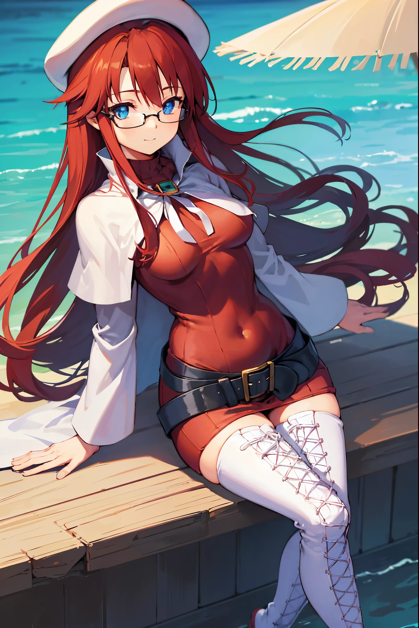 summonnightaty, aty, (young:1.3),long hair, blue eyes, red hair, big_tits, hat, glasses,
BREAK long hair, thighhighs, hat, dress, naked_legs, glasses, belt, cape, sweater, zettai ryouiki, beret, thigh boots, white footwear, ribbed sweater, loose belt,solo,
BREAK outdoors, fantasy,on_beach,
,Highquality_hads,perfect_fingers,
BREAK (masterpiece:1.2), best quality, high resolution, unity 8k wallpaper, (illustration:0.8), (beautiful detailed eyes:1.6), extremely detailed face, perfect lighting, extremely detailed CG, (perfect hands, perfect anatomy),covered_nipples,covered_navel ,half_eyes,long_sword,sleepy,standing,red_sweater,apart_knees,magical_effect,spread_legs, have_a_book,teacher,rise_knee,Smile,rise_hand,look_down_viewer,spread_arms,sea​_waves,looking_into,blue_sky,sitting,plump,