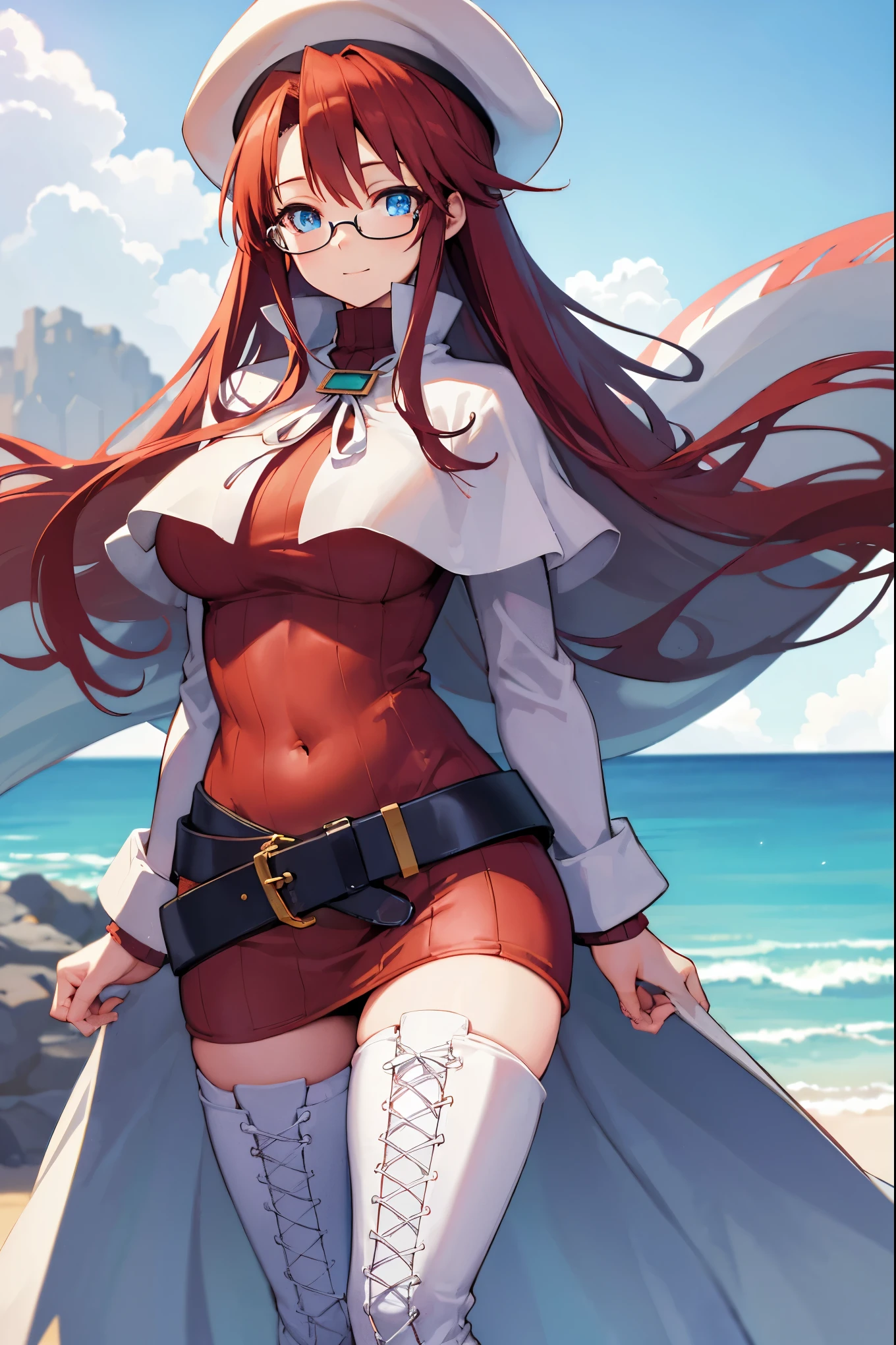 summonnightaty, aty, (young:1.3),long hair, blue eyes, red hair, big_tits, hat, glasses,
BREAK long hair, thighhighs, hat, dress, naked_legs, glasses, belt, cape, sweater, zettai ryouiki, beret, thigh boots, white footwear, ribbed sweater, loose belt,solo,
BREAK outdoors, fantasy,on_beach,
,Highquality_hads,perfect_fingers,
BREAK (masterpiece:1.2), best quality, high resolution, unity 8k wallpaper, (illustration:0.8), (beautiful detailed eyes:1.6), extremely detailed face, perfect lighting, extremely detailed CG, (perfect hands, perfect anatomy),covered_nipples,covered_navel ,half_eyes,long_sword,sleepy,standing,red_sweater,apart_knees,magical_effect,spread_legs, have_a_book,teacher,rise_knee,Smile,rise_hand,look_down_viewer,spread_arms,sea_waves,looking_into,blue_sky,sitting,plump,