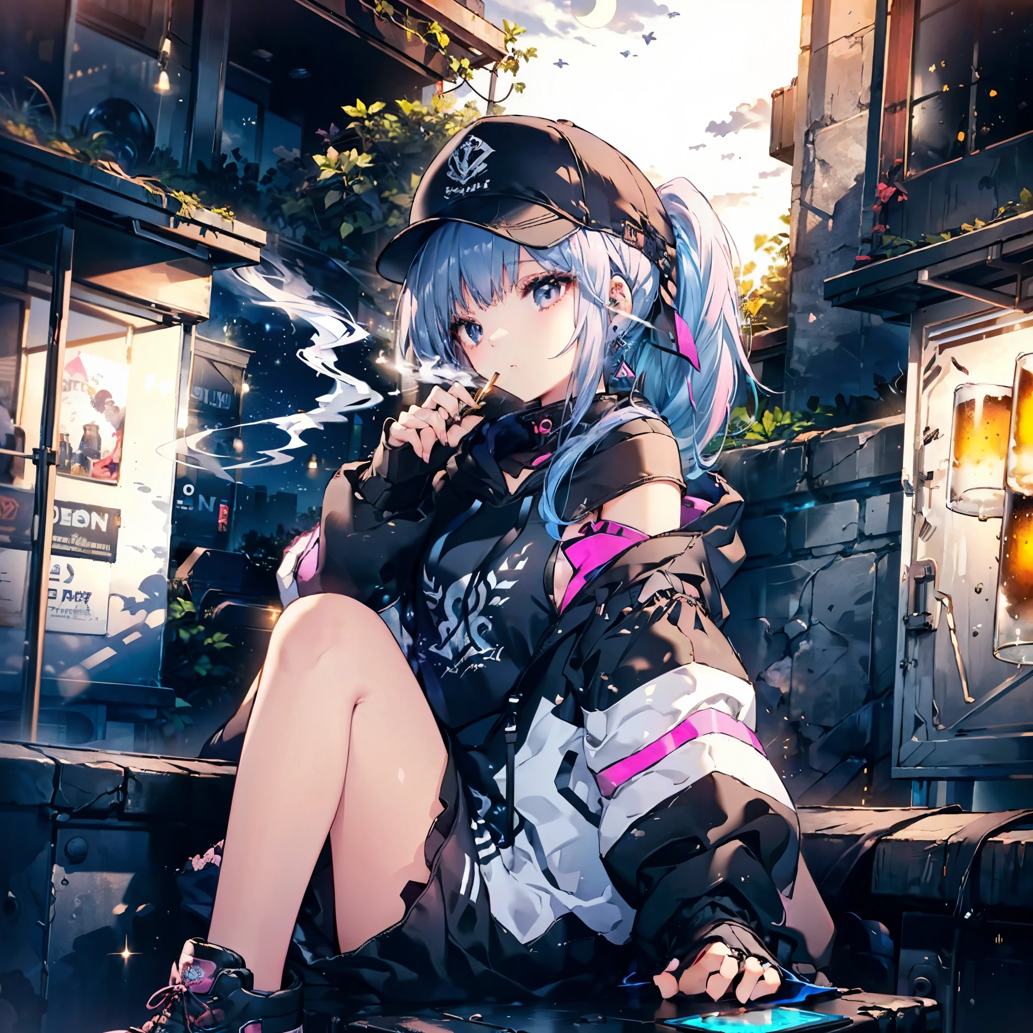 (((pink and blue hair　ponytail　Wear a cap　Off-the-shoulder hoodie)))　((cyber punk　Earrings　Smoking alone　Empty beer cans　Rooftop　Night City))　(Shining Moon　Shining Background)