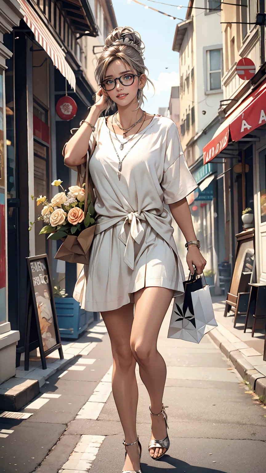 Very detailed, high quality, masterpiece, 1 female, Walking down the street, shopping bags in both hands, Happy expression, Brown Hair, Tied up in a messy bun, (Casual wear: 1.1), White T-shirt, Short skirt, High heels, light makeup, (Silver Necklace: 1.2), Wear sunglasses on your head, Holding flowers, People in the background々and storefront, Outdoor, sunny day.