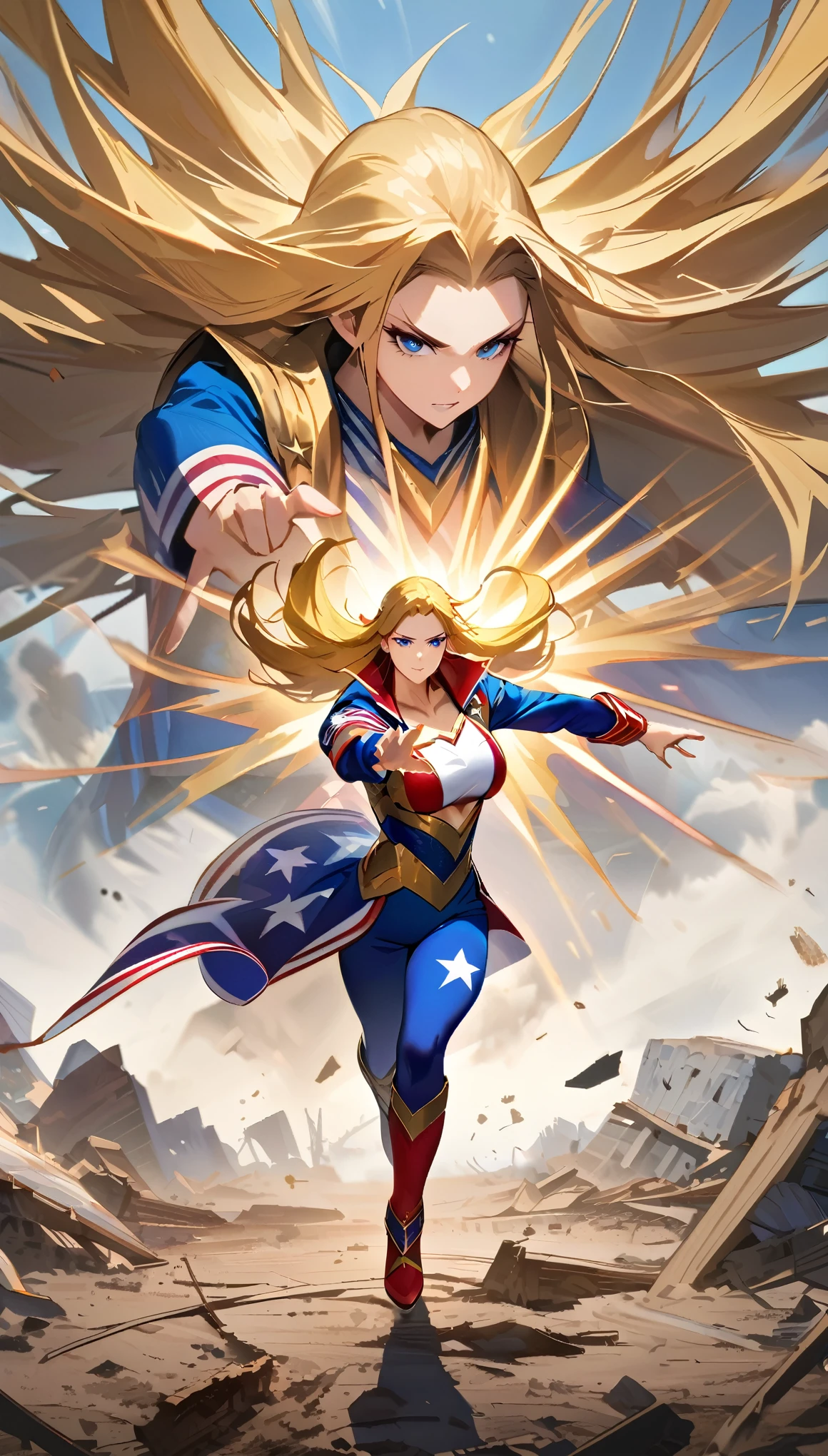 Portraiture, Long Hair, Gold Hair, Blue Eyes, One girl, head, face, Magical woman, Absurd, masterpiece, highest quality, American hero costume, ((wrestler woman)), short hair, Devastation, Remains, (Dynamic pose), Apocalypse, Spell casting, Style-Glass, Full Body Shot, Star and Stripe