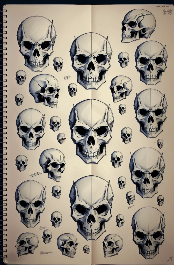 sketches of cartoon characters drawn in a notebook with a pencil, studies, alien skulls, face doodles, concept sheet, sketches, doodles, vey detailed faces, many heads, cosmic horror concept art, heads, character design sheet, skull faces, dissection sketch, skulls, skulls around, alien faces, concept sketches, sketchbook, sketchbook drawing, rough sketch, anatomy studies
