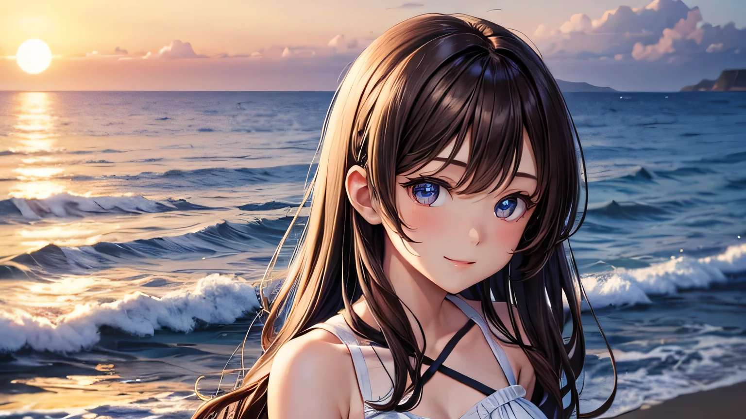 Beautiful woman 1.3, Beautiful brown hair: 1.2, , Ocean shore in the evening: 1.2,beach: 1.1, Ultra-high resolution, Accurate, Super detailed, Textured skin, High detail, highest quality, 8k,Thin bangs,Upper Body,Well-drawn eyes, Focus on the face,White cross strap tank top dress,Detailed hair depiction,Detailed depiction of eyes、Detailed depiction of hair、Sunset、Wave、Ocean、Upper Body、smile