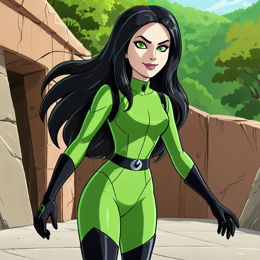 shego, 1girl, solo, long hair, black lips, black hair, green eyes, green bodysuit, green gloves,smile,  very long hair,, score_9, score_8_up, score_7_up, score_6_up, score_5_up, score_4_up, looking at viewer,outdoors, boots, full body,