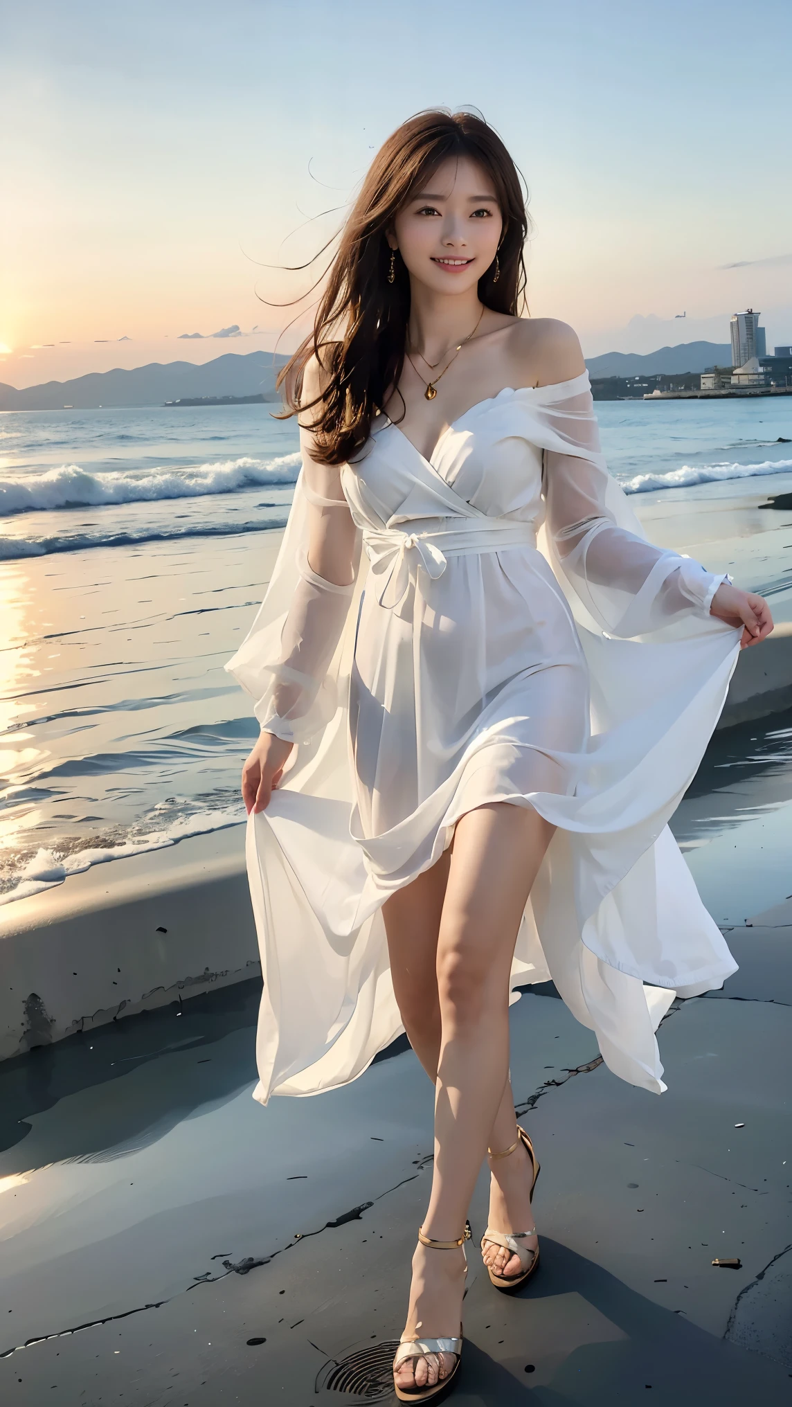 highest quality,masterpiece,Ultra-high resolution,(Actual:1.4),Original photo,Ultra-high resolution,8k,There are also women,Fair skin,Exquisite makeup,White high heels,Long legs,Bright and beautiful、ゆLong straight hair_Hair reaching down to the waist、Extra Long Brown Hair_Hair reaching down to the waist,A shy smile、Gold Luxury Necklace_Big earrings,Walking along the sea at sunrise、((Wear white gauze clothes:1.3)),