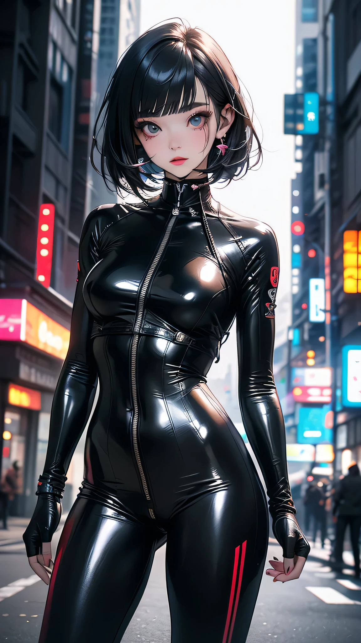 masterpiece, highest quality, One girl, Super Detail, Skin-tight plug suit, Perfect Eyes, Perfect Face, Kuvshinov, Cowboy Shot, Cyberpunk City, Glowing neon color palette