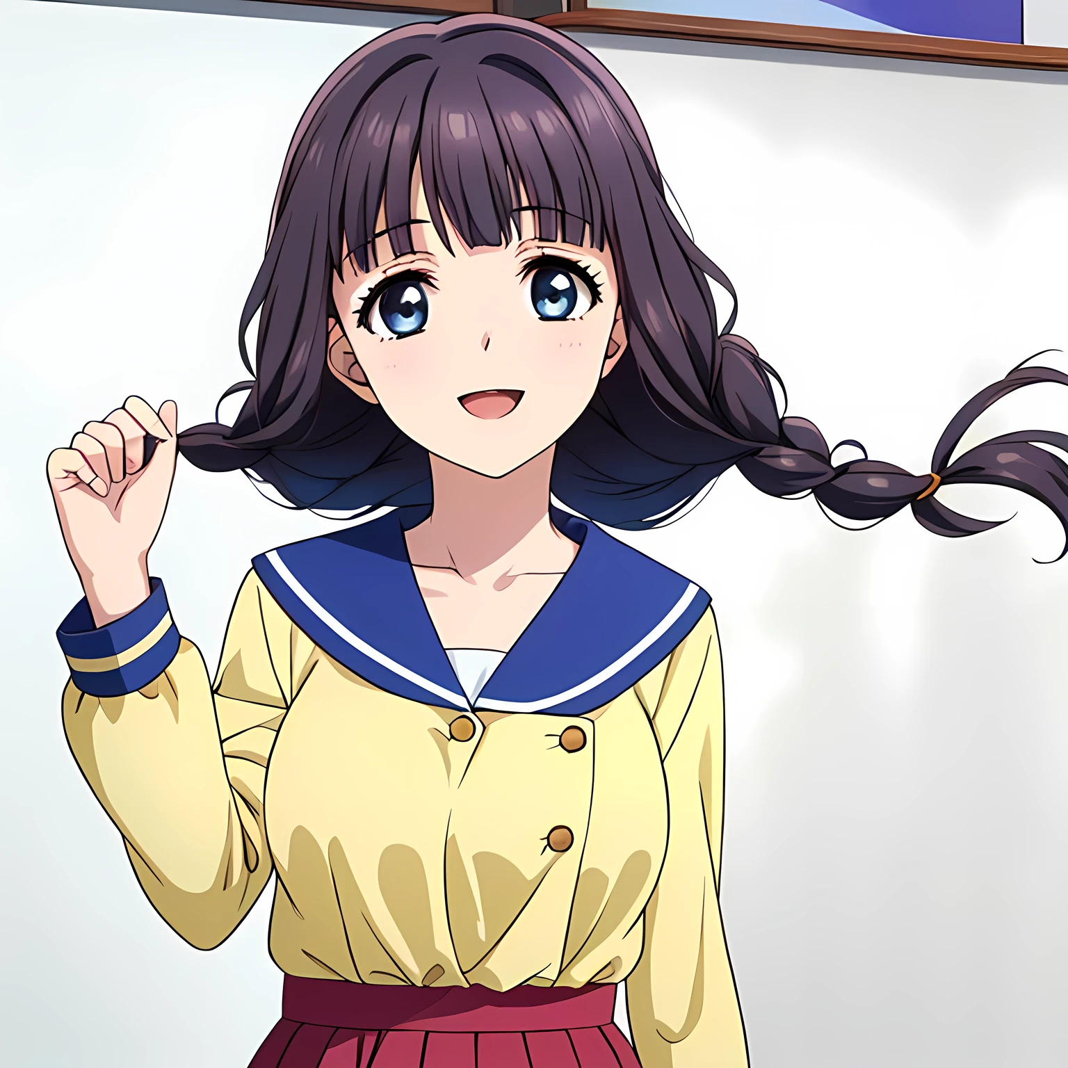 (highest quality, masterpiece:1.2), highest quality, High resolution, 1080p, 8K, Height: 158cm, Anime-style CG, ((A beautiful girl, the game heroine, is smiling and looking proudly.)), A face that everyone loves, Glossy lips, Even bangs, Double, Long eyelashes on both the top and bottom, Smiling blue eyes, The very large and thick yellow ribbon bowtie is very cute., ((Black Hair)), ((long twin braids)), ((A long, neat, dark navy pleated skirt)), (((A long-sleeved winter sailor suit that is cream-colored overall and has a navy blue collar.))), cream sleeves, Cream colored blouse, Smiling, slightly open mouth like a game heroine, Ribbon in hair, Tight waist, (((The background is a blank white wall))), ((The wind blowing upwards is only shaking my bangs)), The ribbon is big and very pretty.