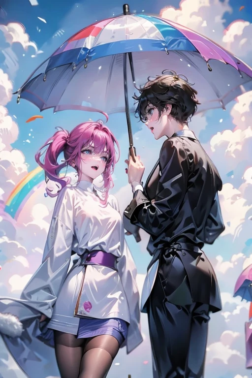 1girl and 1boy,couple,after school,he has umbrella,share umbrella,in park,rainbow