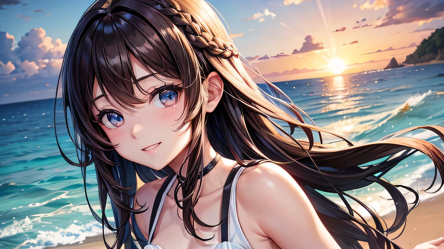 Beautiful woman 1.3, Beautiful brown hair: 1.2, , Ocean shore in the evening: 1.2,beach: 1.1, Ultra-high resolution, Accurate, Super detailed, Textured skin, High detail, highest quality, 8k,Thin bangs,Upper Body,Well-drawn eyes, Focus on the face,White cross strap tank top dress,Detailed hair depiction,Detailed depiction of eyes、Detailed depiction of hair、Sunset、Wave、Ocean、Upper Body、smile