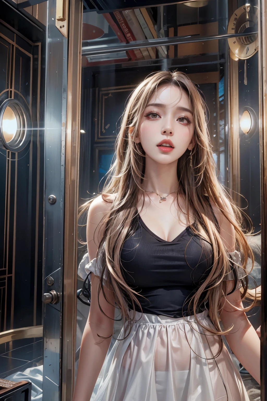 Realistic photos (one cute korean K-POP star) Straight long hair, light makeup, huge firm bouncing bust, Long dress, close, Canon EOS 8K high resolution captures facial features clearly, Sharp details, Realistically, private sweet room, dynamic sexy poses