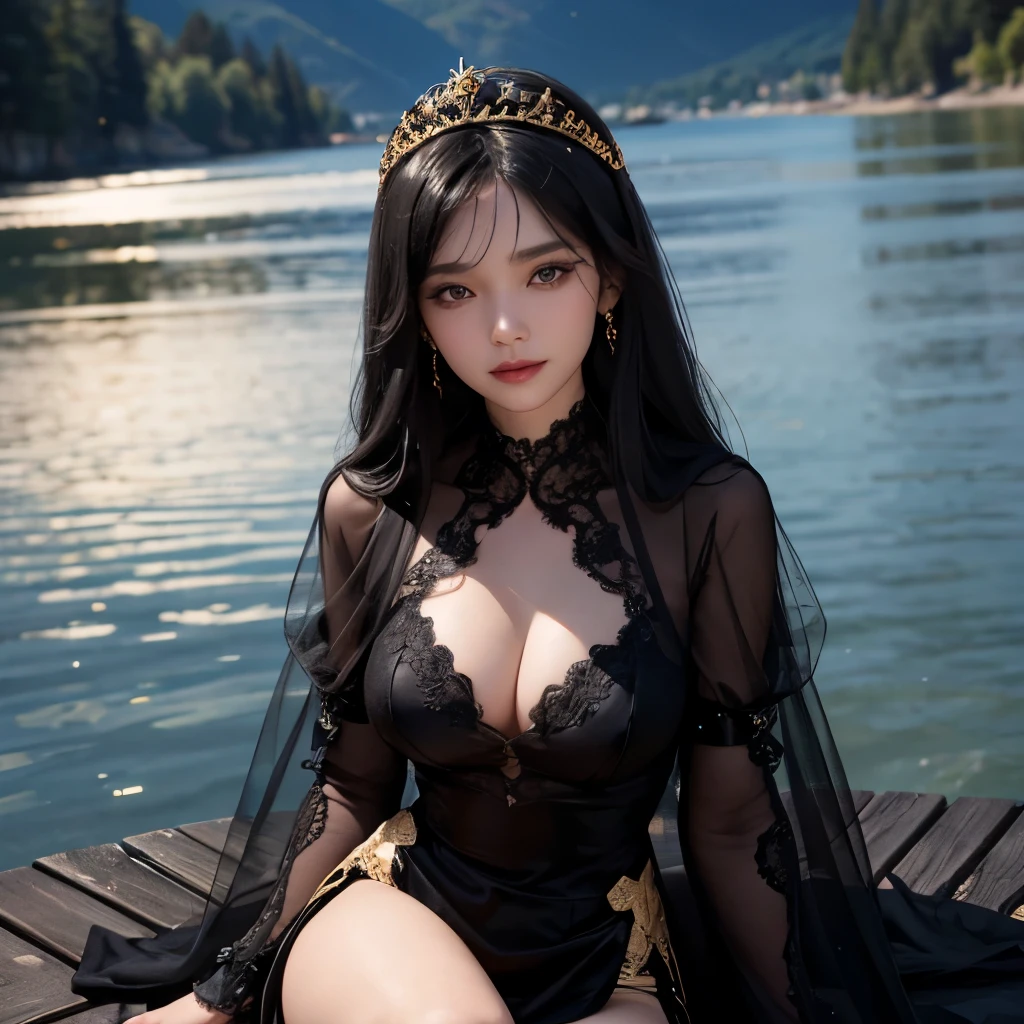 Girl, transparent, see through, black and gold dress, topless, black hair, tiara, glove, chokes, black long sleeves, black veils, ear wear, detailed hand, oval face, detailed face, smile, picture form top to knee, sexy pose, large breasts, look at camera, camera from top, detailed, lake background, photorealistic, best quality