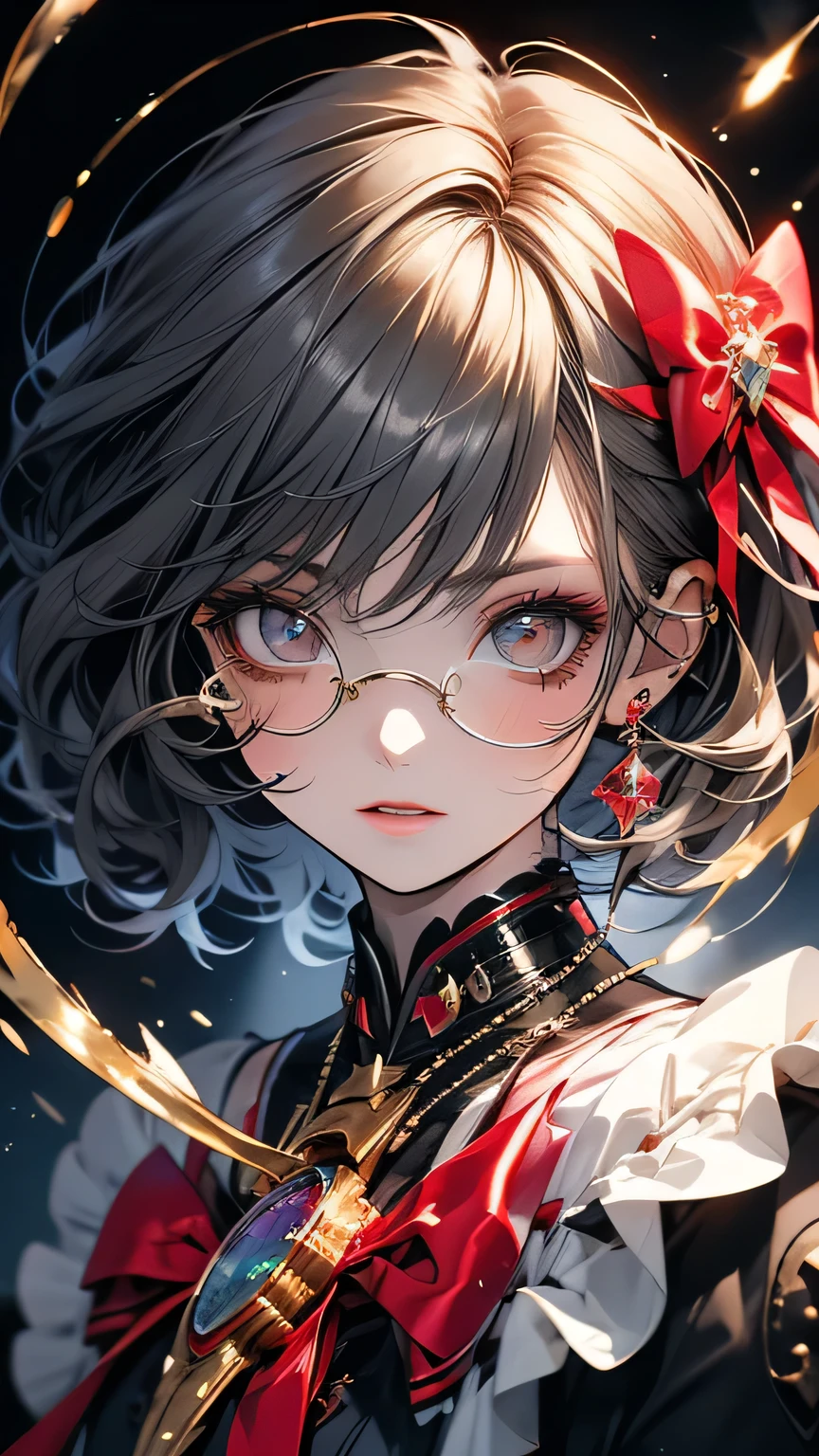 Portraiture, Long Hair, Gray Hair, Golden Eyes,  One girl, head, face, Magical girl, Absurd, masterpiece, highest quality, Magical girl costume, ((mahou shoujo)), short hair, Devastation, Remains, Dynamic pose, Apocalypse, Spell casting, Style-Glass, Full Body Shot