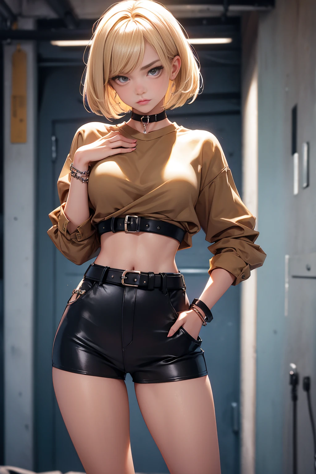 age girl 20 years old, hot model, blonde, bob hairstyle, bangs, brown eyes, makeup, manicure, very tanned, crop sleeve shirt, very short mini shorts, bracelets, choker, belt, beautiful long legs, beautiful thigh line, hands on hips, flirty posing, sexy girl, slave girl, punished girl, prison girl, handcuffs and shackles on her hands, dungeon, haunted castle, aesthetics, top quality,