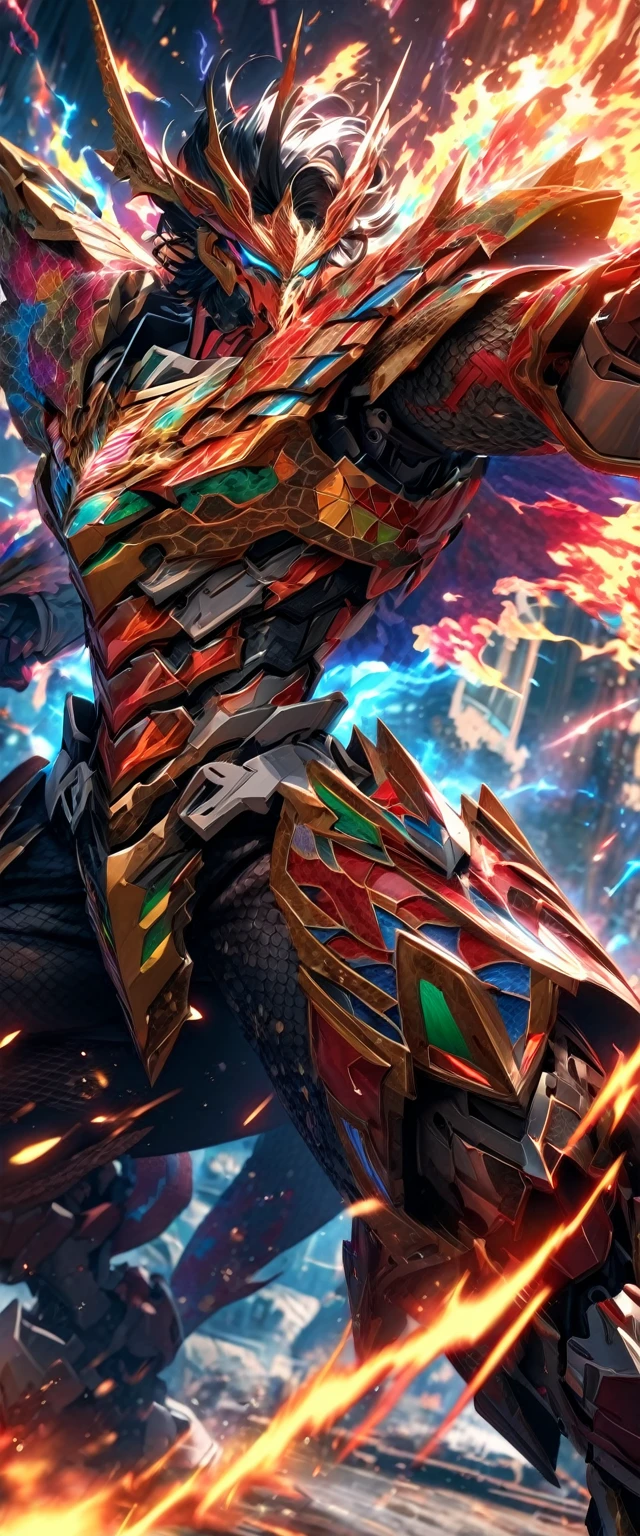 absurdres, highres, ultra detailed, HDR, masterpiece, extremely detailed face and eyes, colorful shinning Indonesian batik pattern garuda God Mecha armor dragon knight, Epic mecha Garuda mask,,colorful Black hair , , solo, ,man, handsome, , , Epic fight scene, colorful flames splashing effect,colorful lightning effect,glowing glitters