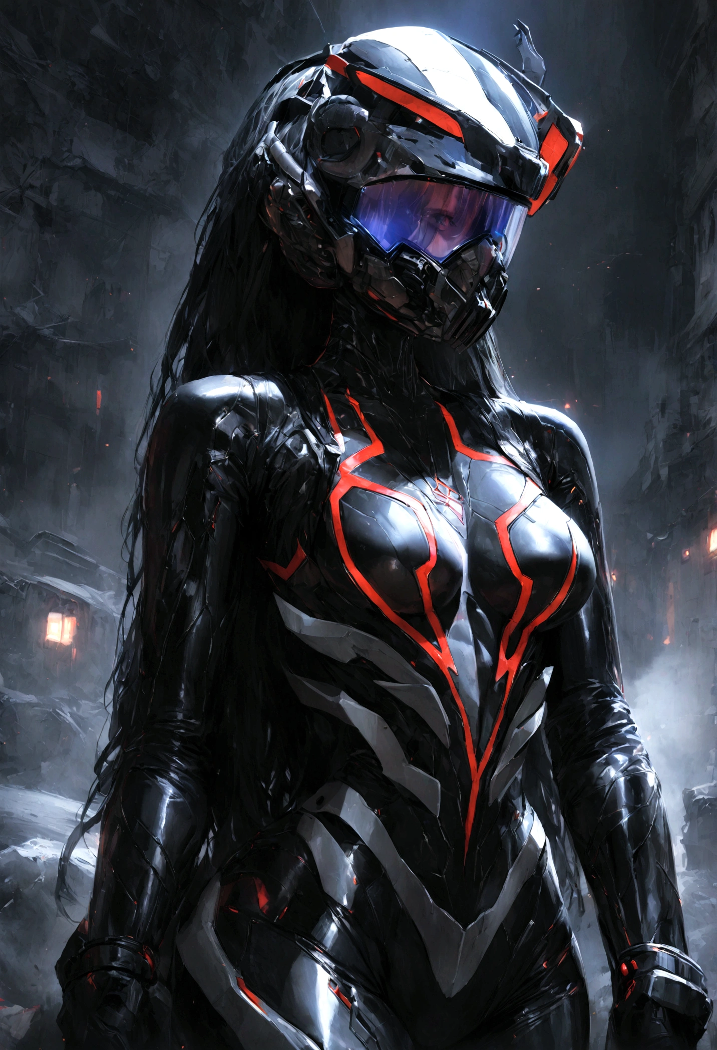 High Resolution 18K Ultra Realism Minimalist High Quality Beautiful Female Astronaut Suit Female Spider-Man Glued to Body Symbiote Style Futuristic Exoskeleton Futuristic Fire Suit Futuristic and Cybenetic Helmet with Ultra Realistic Neon Visor