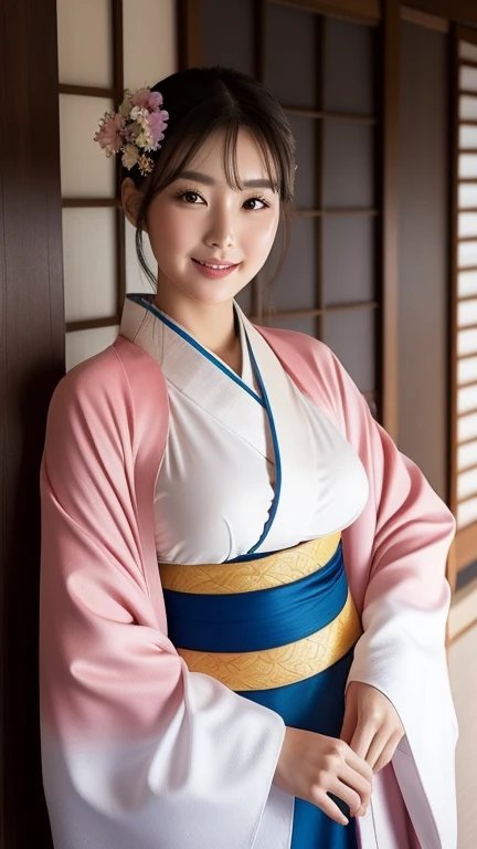 araffe dressed in a kimono, Japanese Goddess, wearing kimono, kimono, Glamorous and sexy geisha, wearing a kimono, wearing kimono armor, japanese kimono, anime girl Cosplay, classic kimono, Organic Enchantress, Cosplay photo, Onmyoji, Wearing a deep pink silk robe, pale and coloured kimono, Cosplay, gorgeous young , beautiful south , Korean Girls, beautiful young, Cute Japanese Woman, Choi Hong-hwa, korean female fashion model, Sexy Looks, Large Breasts, Sexy pose, Show off your breasts, Shiny, very dark brown hair, Big smile, cowboy shot, ((slit kimono：1.4)), ((train)),