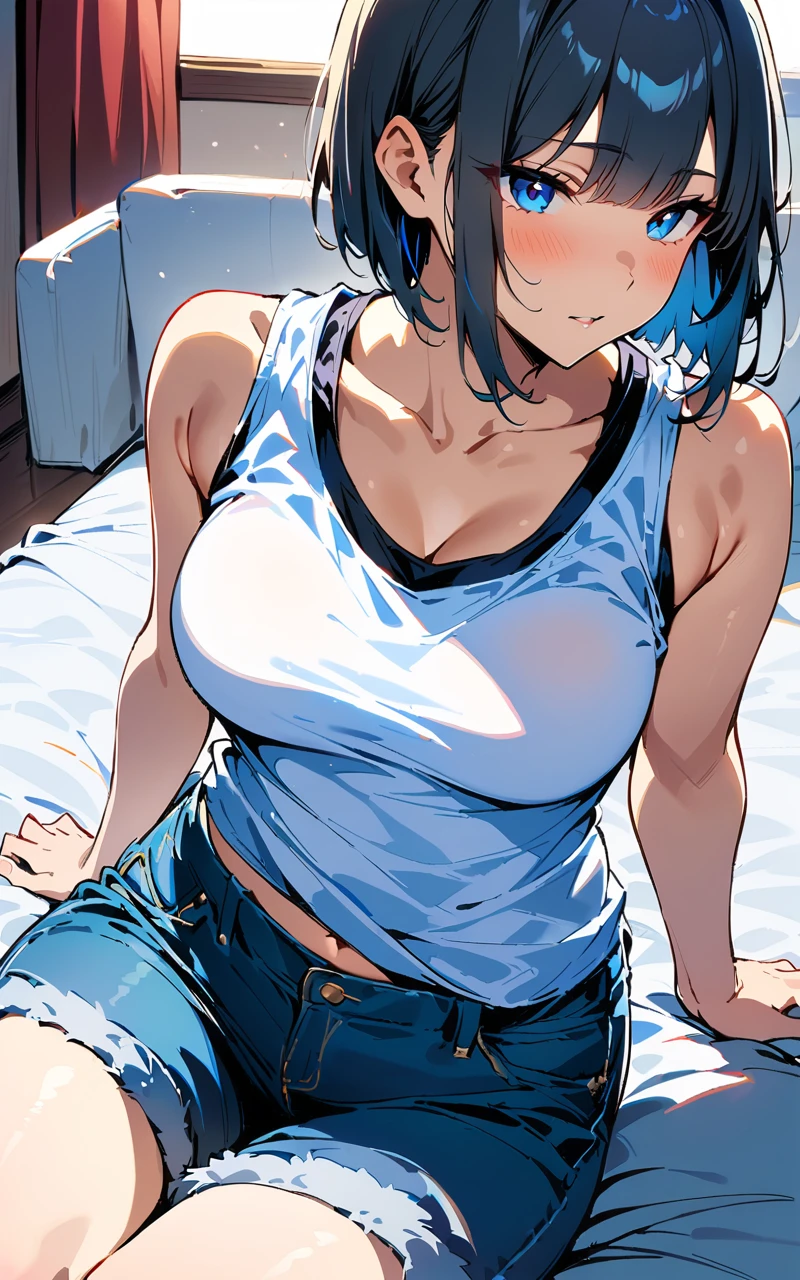  (masterpiece, highest quality:1.2), One girl, Bobcut, Sitting on the bed,White sleeveless tank top，Blue Denim Shorts