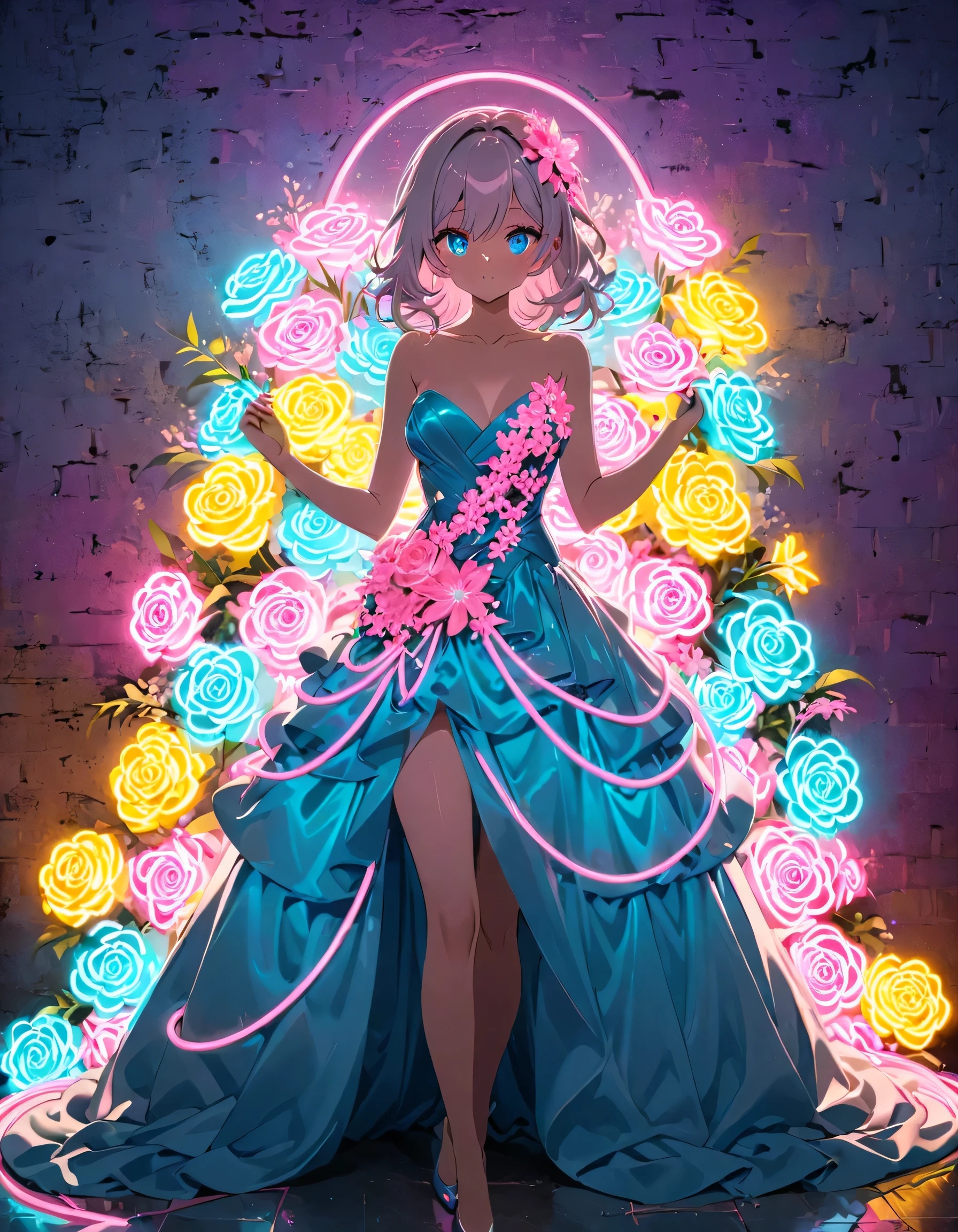 composition, Thematic, Light Staging, The background is simple, Standing in a neon voluminous evening dress with a long train, Very impressive and beautiful. , View your viewers, Holding a bouquet of neon flowers. Hair and eyes glow with neon lights