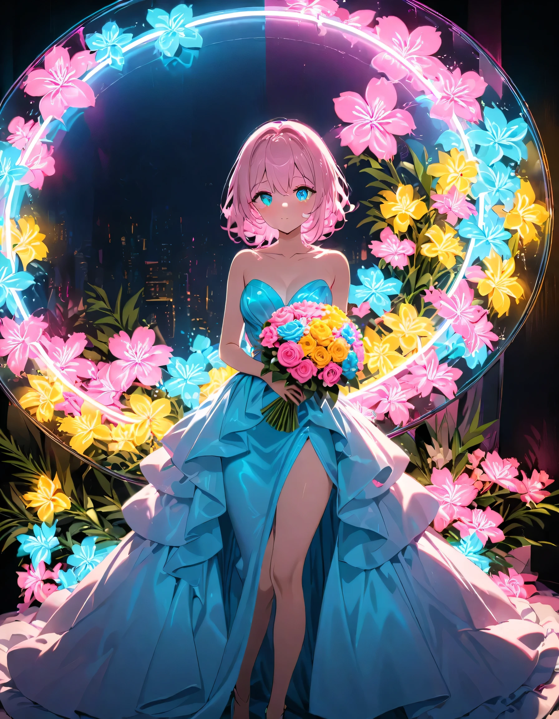 composition, Thematic, Light Staging, The background is simple, Standing in a neon voluminous evening dress with a long train, Very impressive and beautiful. , View your viewers, Holding a bouquet of neon flowers. Hair and eyes glow with neon lights