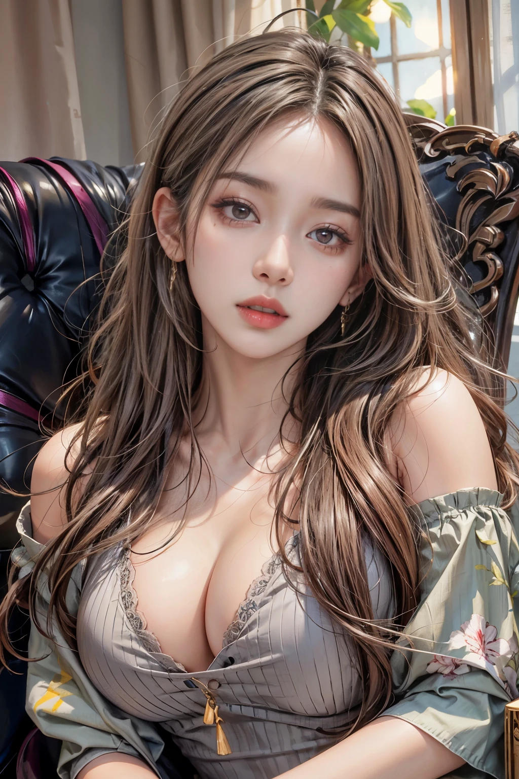 Realistic photos (one cute korean K-POP star) Straight long hair, light makeup, huge firm bouncing bust, Long dress, close, Canon EOS 8K high resolution captures facial features clearly, Sharp details, Realistically, private sweet room, dynamic sexy poses