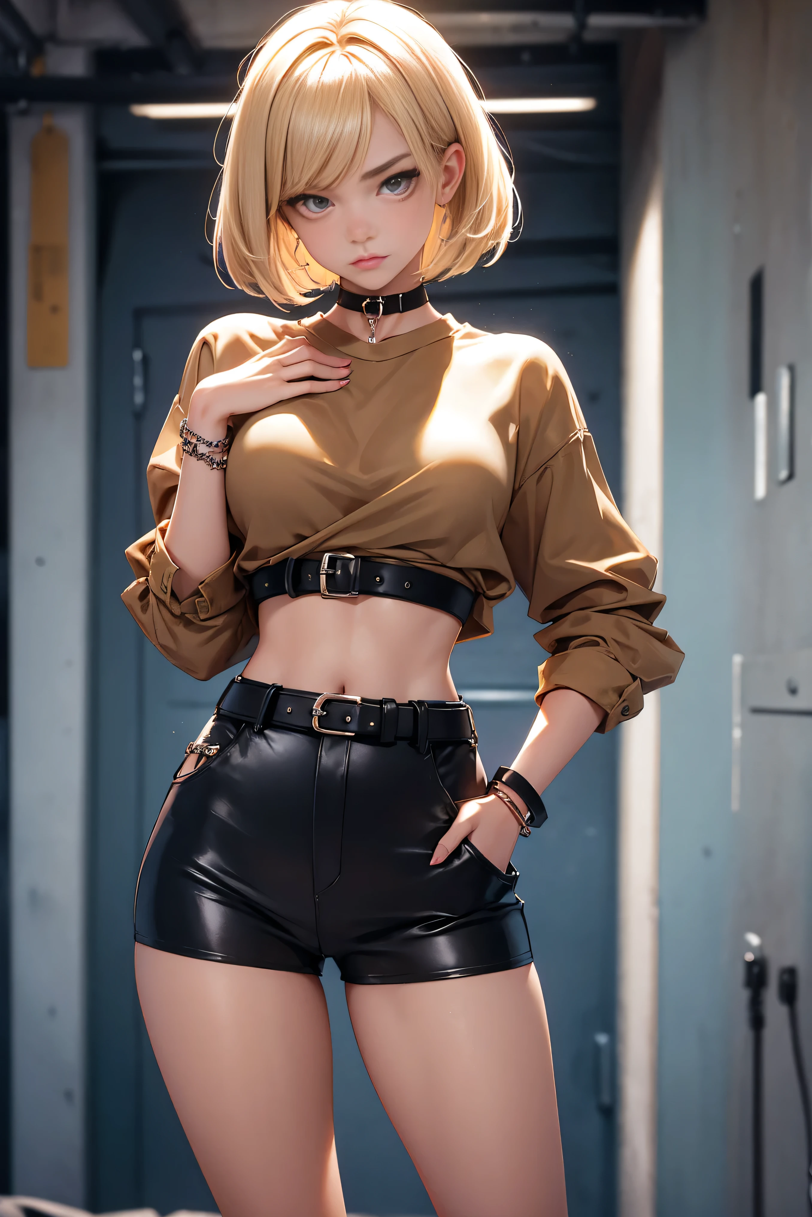 Teenage girl 20 years old, hot model, blonde, bob hairstyle, bangs, brown eyes, makeup, manicure, very tanned, crop sleeve shirt, very short mini shorts, bracelets, choker, belt, beautiful long legs, beautiful thigh line, hands on hips, flirty posing, sexy girl, slave girl, punished girl, prison girl, handcuffs and shackles on her hands, dungeon, haunted castle, aesthetics, top quality,