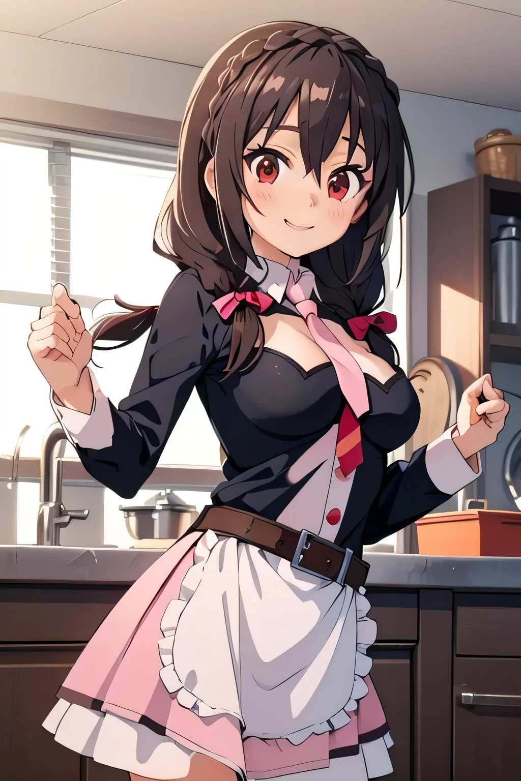 (masterpiece, highest quality), One girl,    Yunyun,Long Hair,Braiding,Twin tails,Hair between the eyes,Hair Ribbon,hair ornaments,Slightly large, round breasts、Pink Skirt、Red Eyes、The best smile、kitchen、Crown Blade,Pink tie, belt、cowboy shot、Wearing a white apron