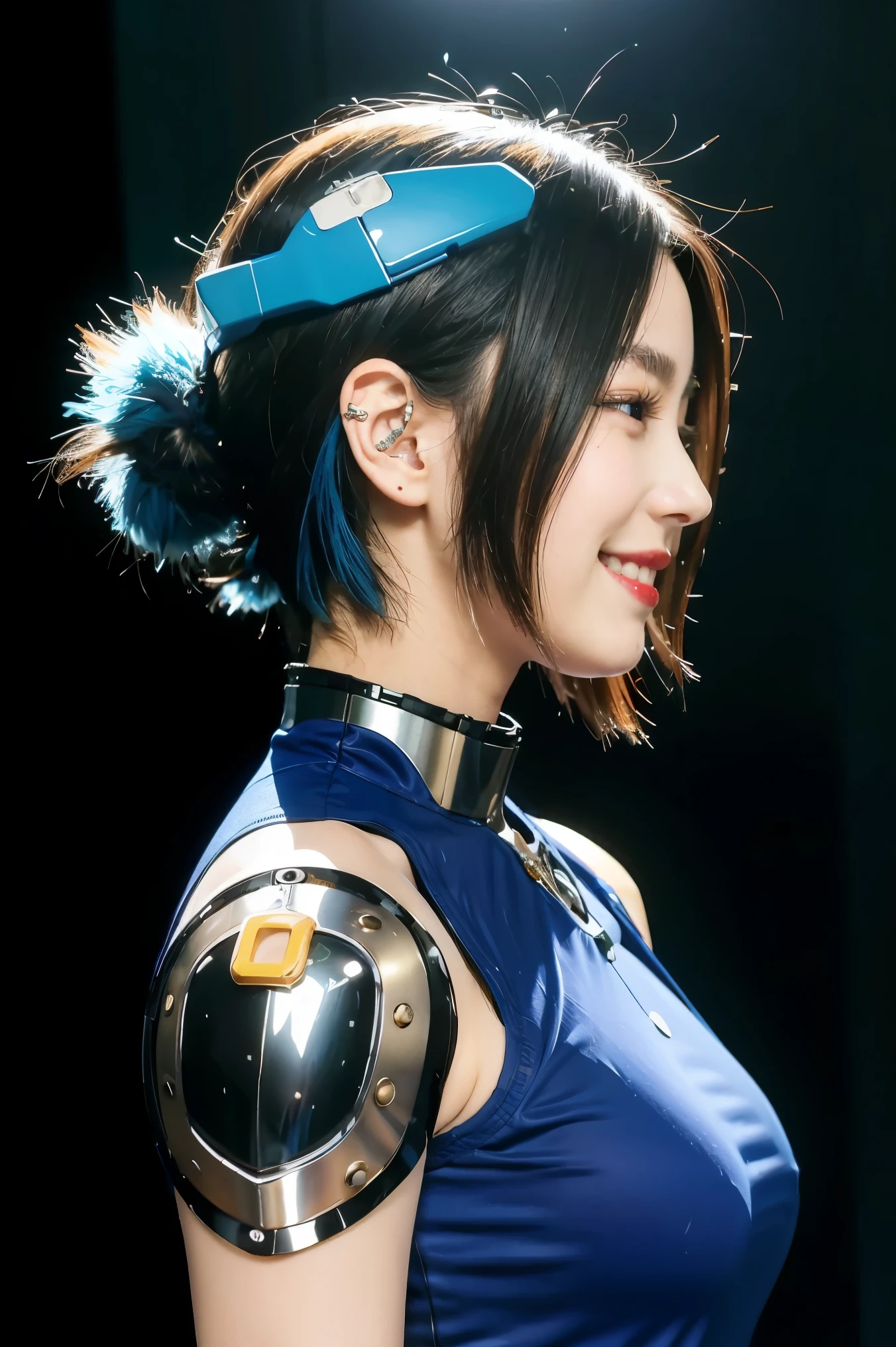 Mechanical, mecha, 1girl, solo, short hair, profile, upper body, sci-fi, smile, blue hair, (headgear:1), technical background,