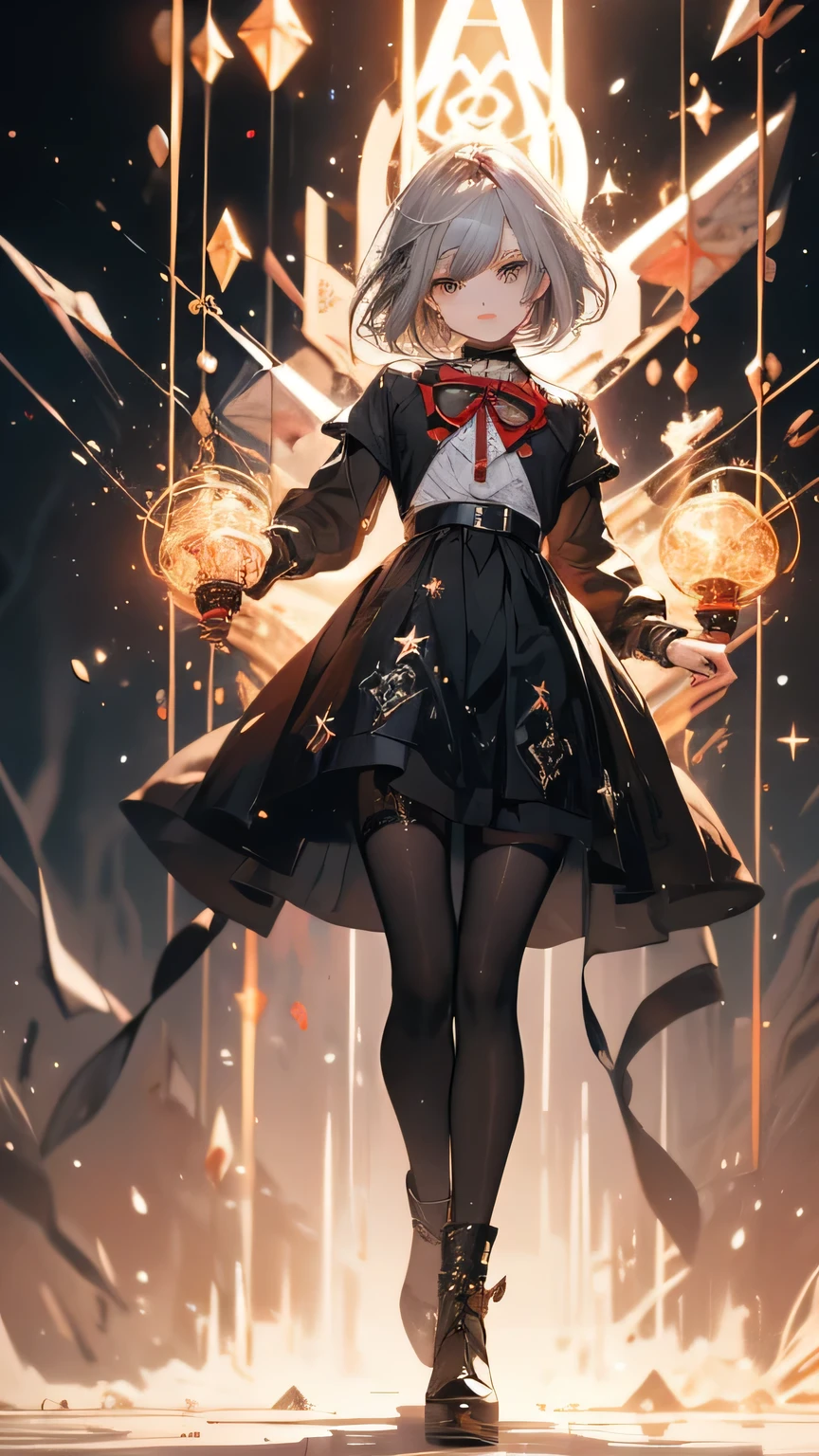 Portraiture, Long Hair, Gray Hair, Golden Eyes, One girl, head, face, Magical girl, Absurd, masterpiece, highest quality, Magical girl costume, ((mahou shoujo)), short hair, Devastation, Remains, Dynamic pose, Apocalypse, Spell casting, Style-Glass, Full Body Shot