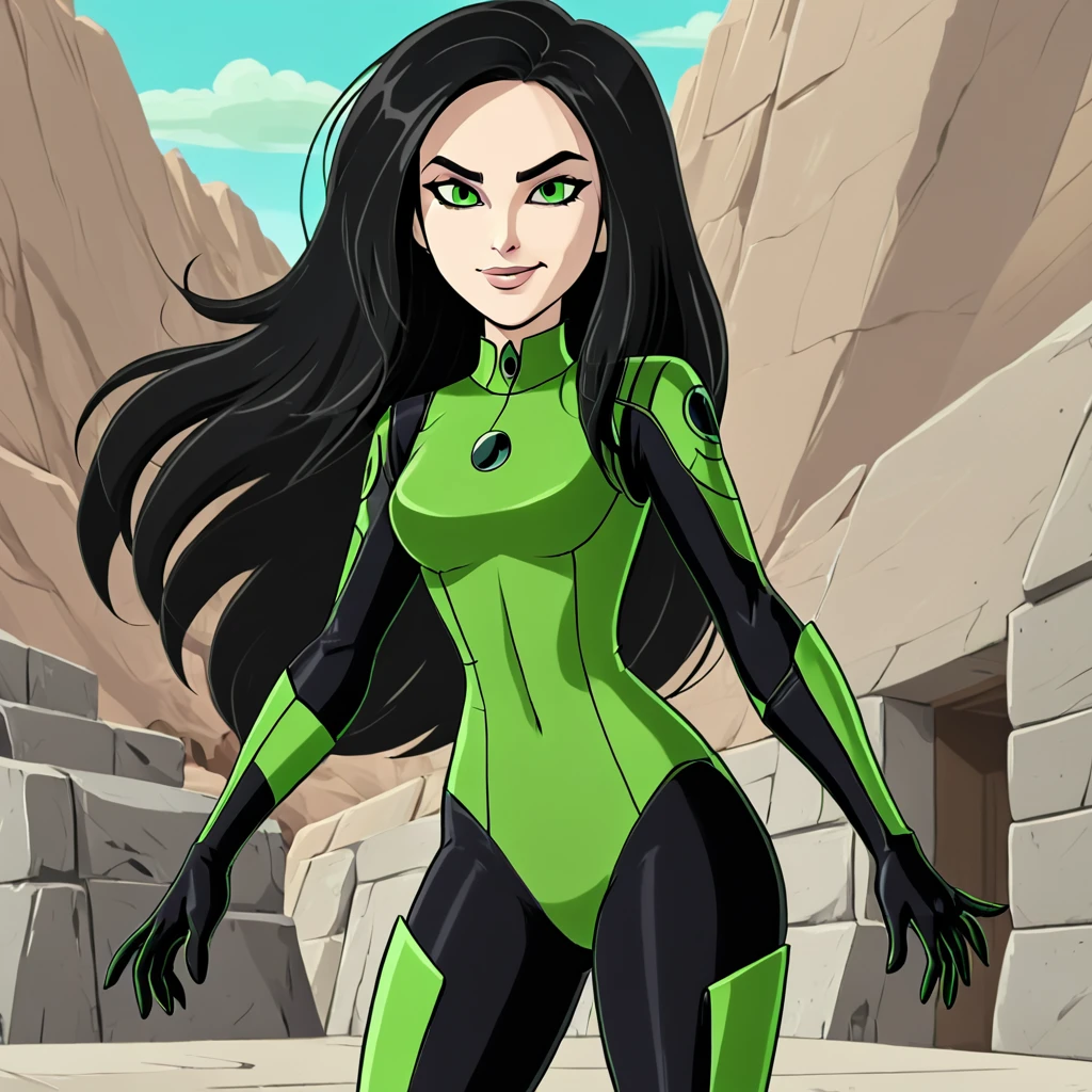 shego, 1girl, solo, long hair, black lips, black hair, green eyes, green bodysuit, green gloves,smile,  very long hair,, score_9, score_8_up, score_7_up, score_6_up, score_5_up, score_4_up, looking at viewer,outdoors, boots, full body,