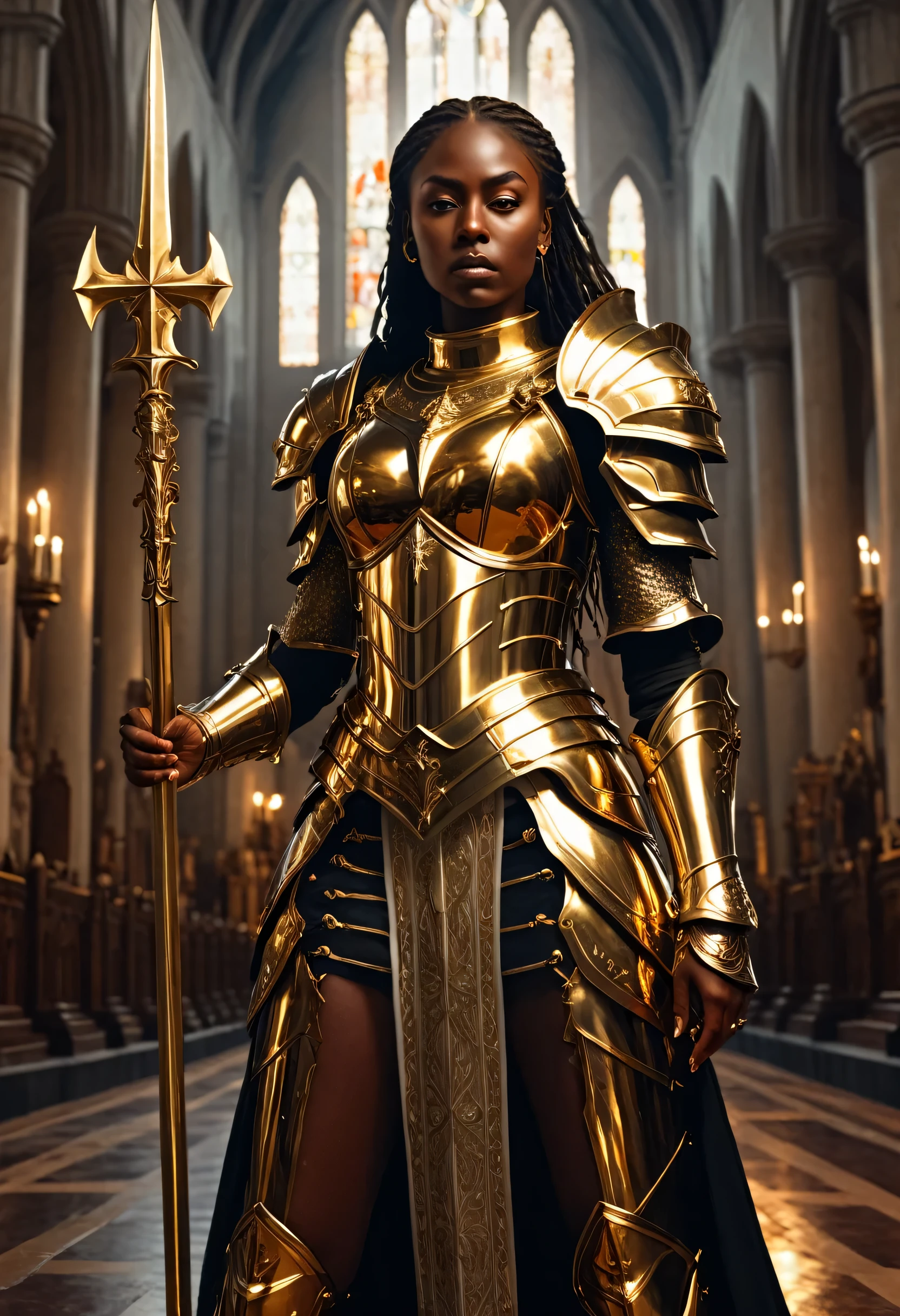 a tall woman in religious combat attire, dark skin, shining golden armor, gold-filled church, blood, dark fantasy, photorealistic, 8k, highly detailed, masterpiece, digital art, cinematic lighting, dramatic composition, (freira:1.2)