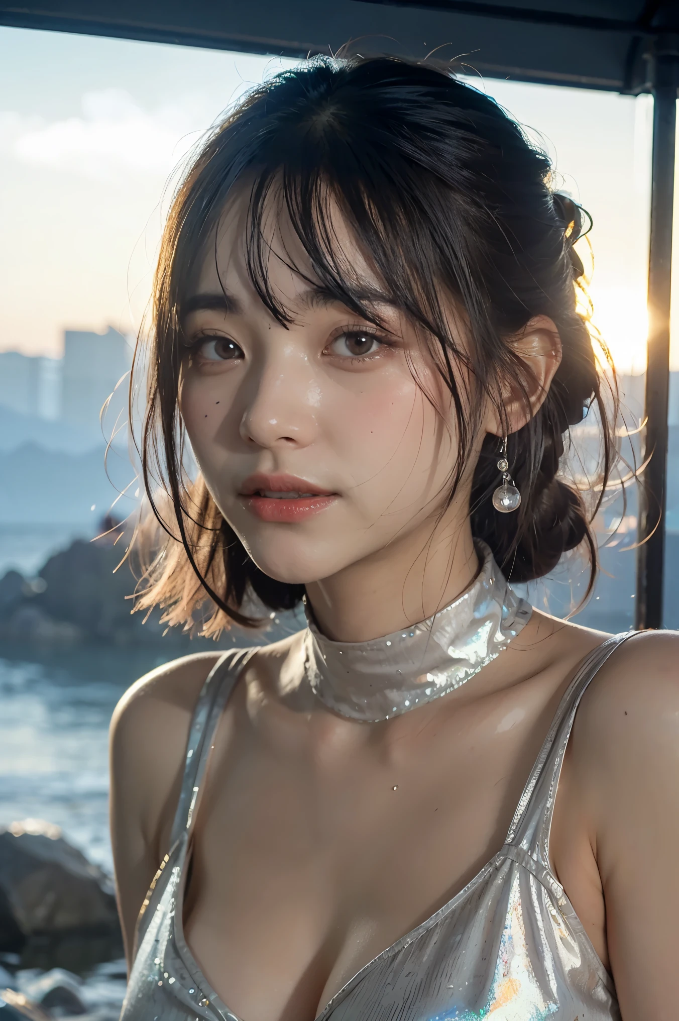 best quality, masterpiece, realistic, adult female, messy [updo|hanging] hair, (full body:0.6), solo, (full body:0.6), looking down, detailed background, detailed face, Sc3pt4, scifi theme:1.1), mercury-wizard, melancholic, surrounded by waves of iridescent silver, alchemical imagery, reflections, silver-colored fluid, metallic sheen, shiny, dynamic pose, fluid movement, floating particles, droplets of mercury, flowing metal, blending mercury, foreign planet in background, dripping mercury formations, volumetric lighting, cinematic atmosphere, sharp details, high detail skin, realistic skin texture, perfect eyes, white dress,