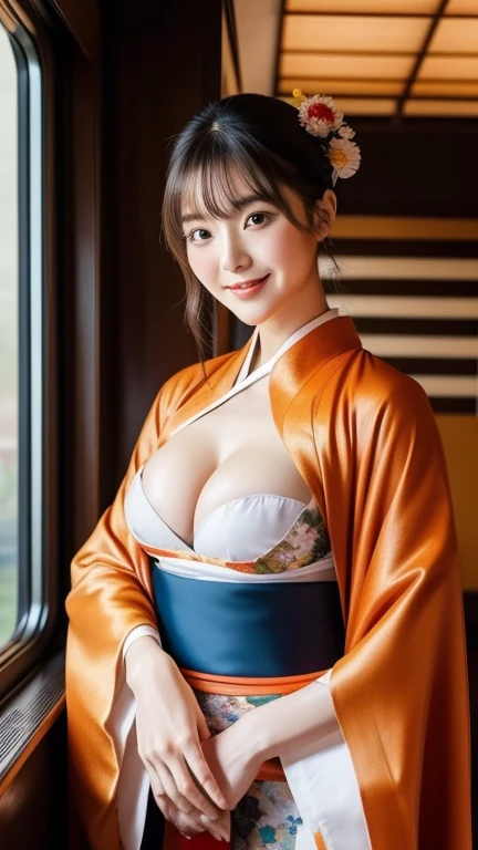 araffe dressed in a kimono, Japanese Goddess, wearing kimono, kimono, Glamorous and sexy geisha, wearing a kimono, wearing kimono armor, japanese kimono, anime girl Cosplay, classic kimono, Organic Enchantress, Cosplay photo, Onmyoji, Wearing an orange silk robe, pale and coloured kimono, Cosplay, gorgeous young , beautiful south , Korean Girls, beautiful young, Cute Japanese Woman, Choi Hong-hwa, korean female fashion model, Sexy Looks, Large Breasts, Sexy pose, Show off your breasts, Shiny, very dark brown hair, Big smile, cowboy shot, ((slit kimono:1.4)), ((Photo taken with the train)),