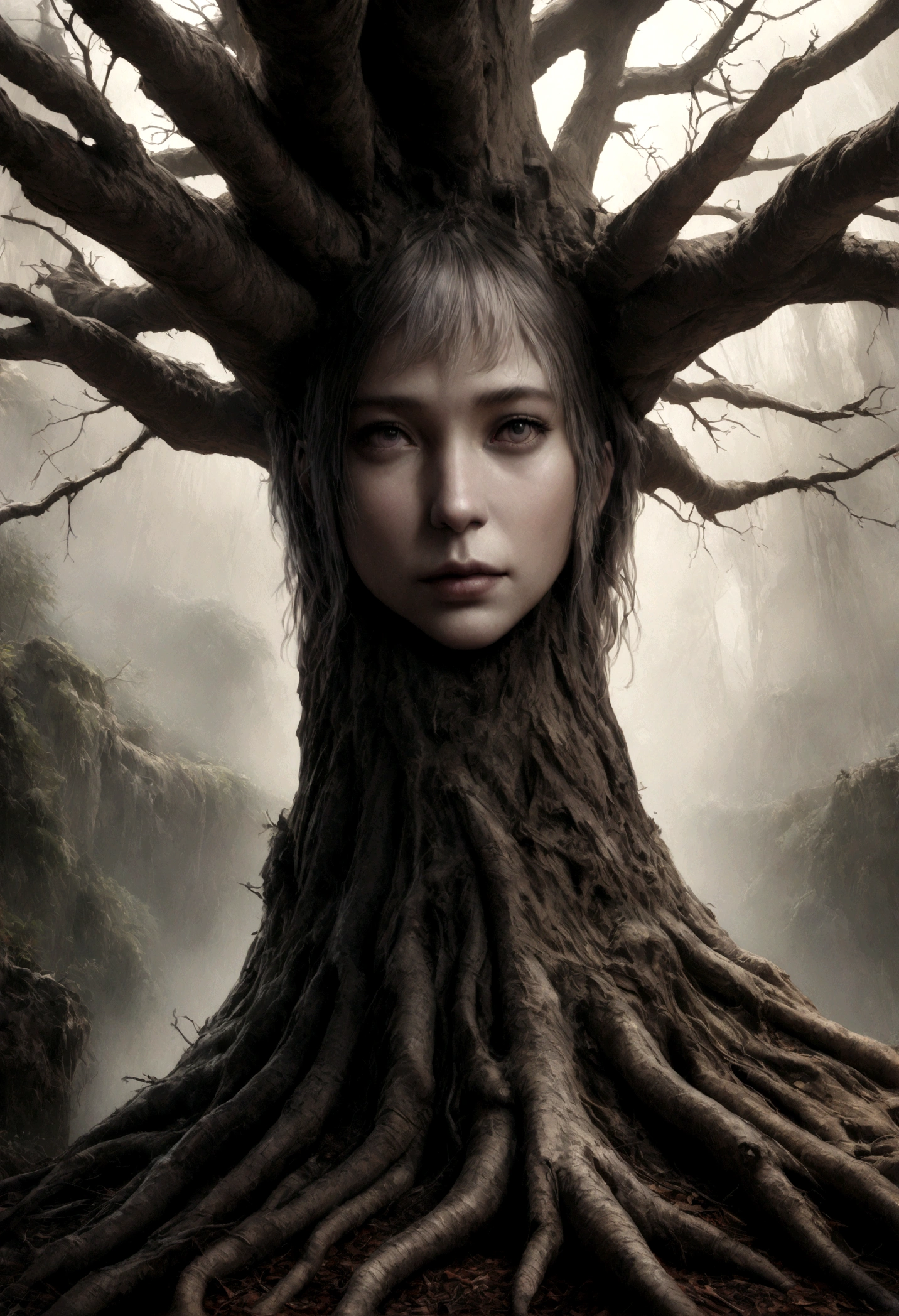 the same Arboromorph tree, dry bare branches, roots as legs, branches like arms, no leaves, transparent background, (best quality,4k,8k,highres,masterpiece:1.2),ultra-detailed,(realistic,photorealistic,photo-realistic:1.37),intricate details,highly detailed,hyper realistic,3d render,studio global lighting, contraste nas arestas,muted colors,somber tones