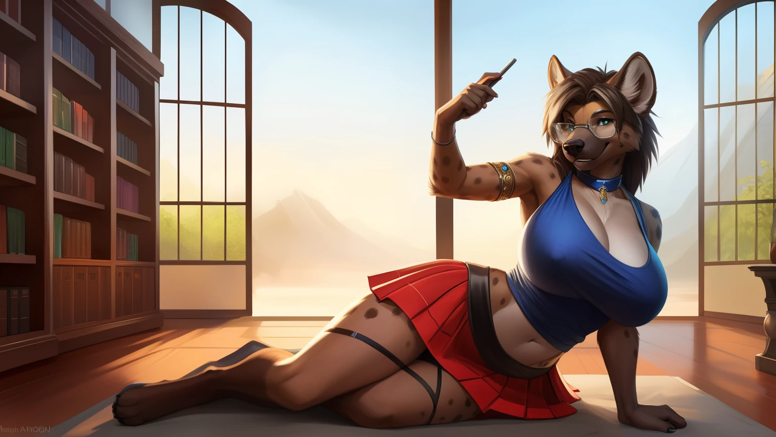 nsfw , uploaded the e621, beautiful and detailed,woman (((female))) ((anthro)) hyena, Ross Tran, by ruan jia, by zaush, by foxovh, lighting cinematic, seductor, hyena, thighighs A woman in glasses in a sexy skirt and tight t shirt (random color) poses for a photo,big , big ass, 36DD Indian, Beautiful goddess, girl, Gorgeous woman, south east asian with long, provocative indian, beauty, Big , deep cleavage, sexy navel, Large breasts and deep cleavage, library background