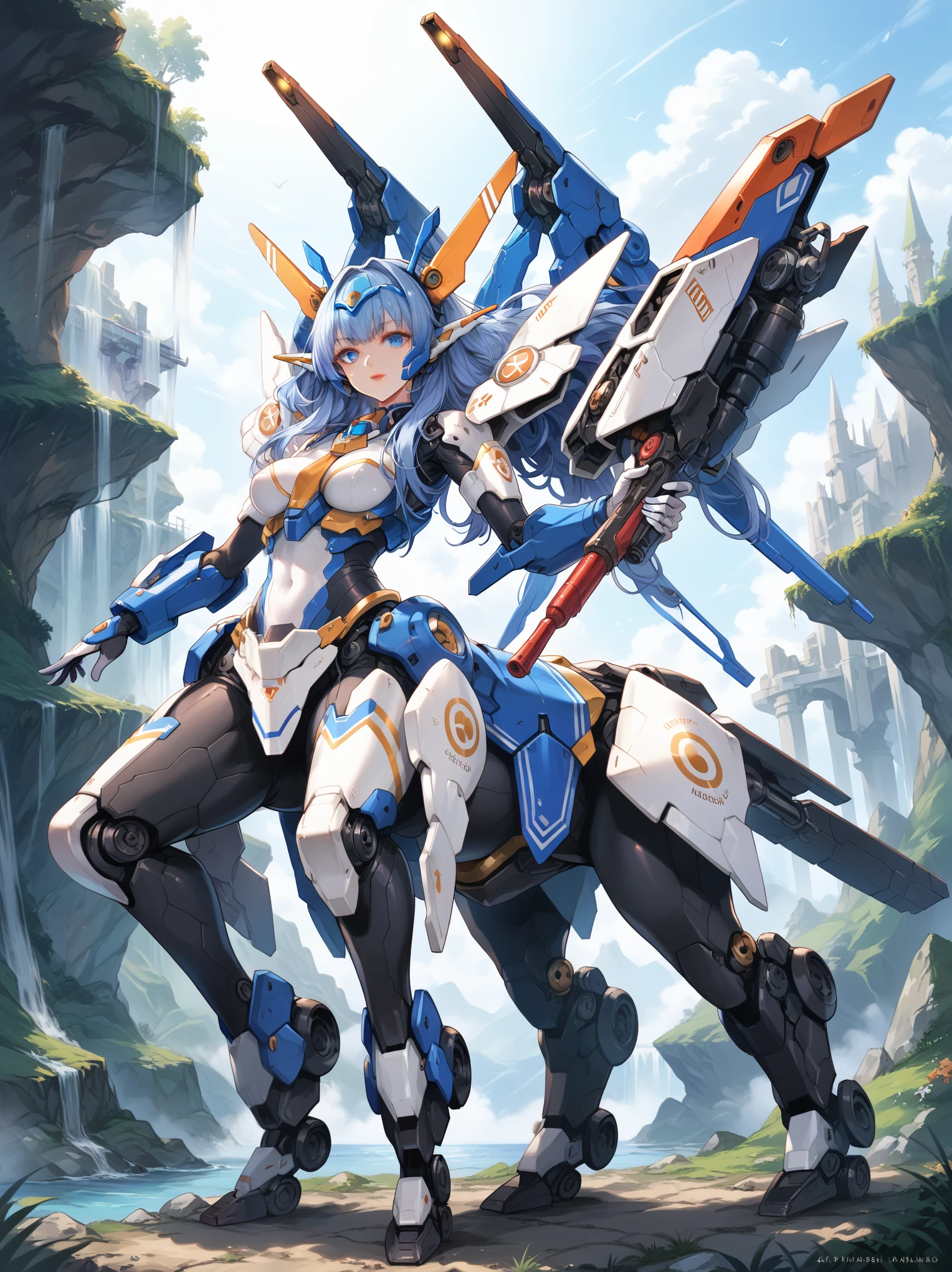 score_9, score_8_up, score_7_up, source_anime,masterpiece, best quality, high resolution, extremely detailed CG, absurdres, highres, ((perfect face, detailed face)), 1girl, solo, A mecha centaur girl, mecha girl, ((white_outfit with blue_praints)), holding weapon, mecha long gun, outdoors, high contrast, ((gloss))