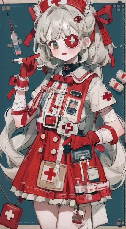 Lolita prostitute，Gorgeous dress，mitts，curlies，very intricate，Exquisite，shift dresses，Bow knot，frilld，ribbon，bandagens，Nurse style，Huge syringe，pill，Red Cross，Y2K，E-girls，Unilateral eye patch，Love decoration，subculture，Sick，bloods，laughingly，Avant-garde and innovative clothing design