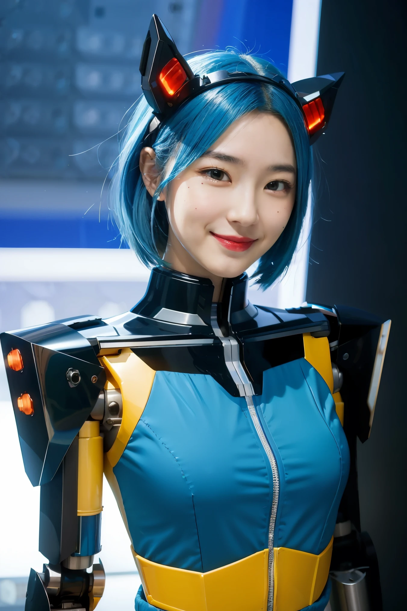 Mechanical, mecha, 1girl, solo, short hair, sci-fi, smile, blue hair, (headgear:1), technical background,